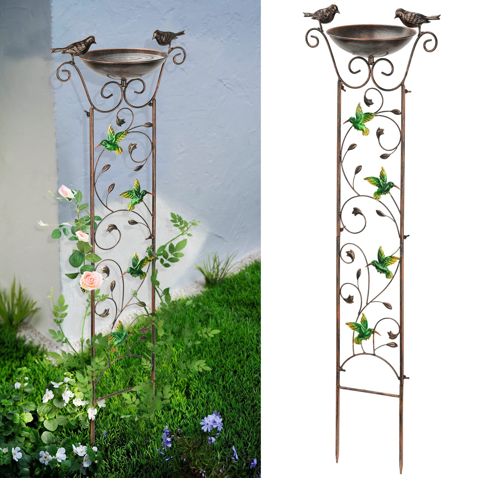 SUNNYPARK Bird Bath with Trellis Outdoor, Antique Garden Iron Plant Trellis with Decorative Hummingbirds Detachable Bird Bath Bowl Metal Potted Plant Support for Climbing Flowers