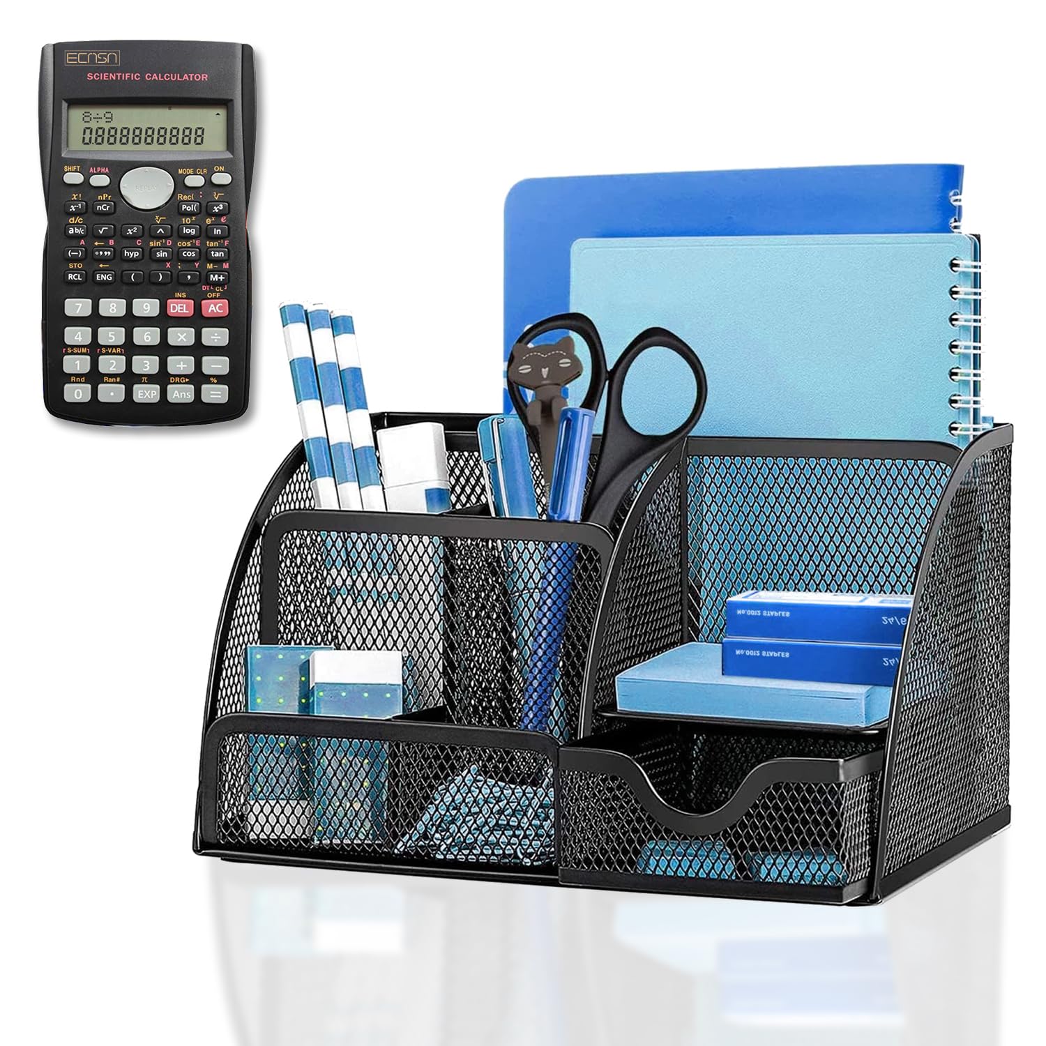 ECASA™ Office Desk Organizer with Free Calculator, Accessories Desk Drawer Organizer with 6 Compartments, Mesh Desk Organizer, Stationary Organizer Black Desk Caddy