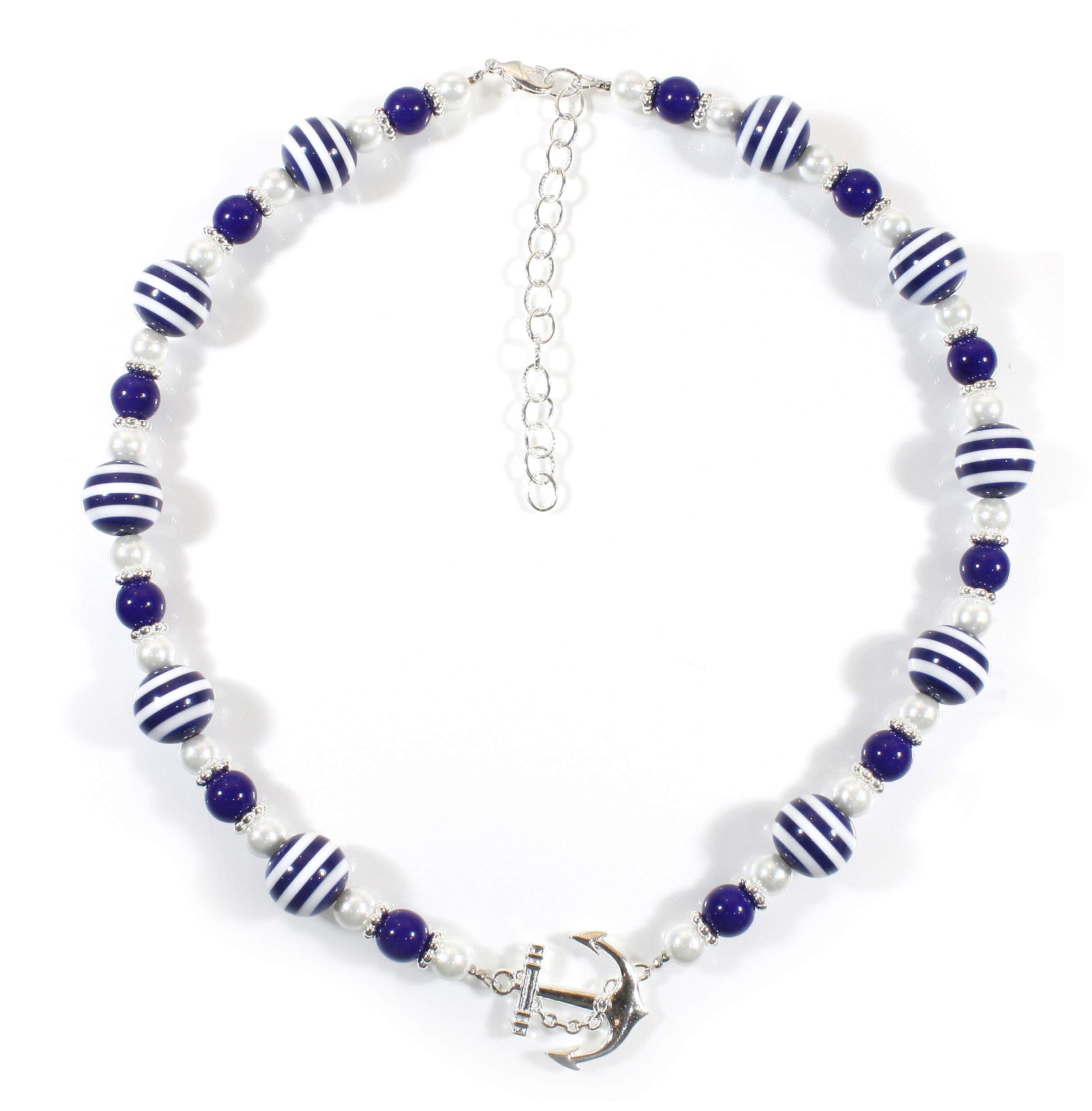 "Navy Girl Silvertone", Dark Navy Blue Striped Short Necklace, 20 - 24 Inches Adjustable, Plastic