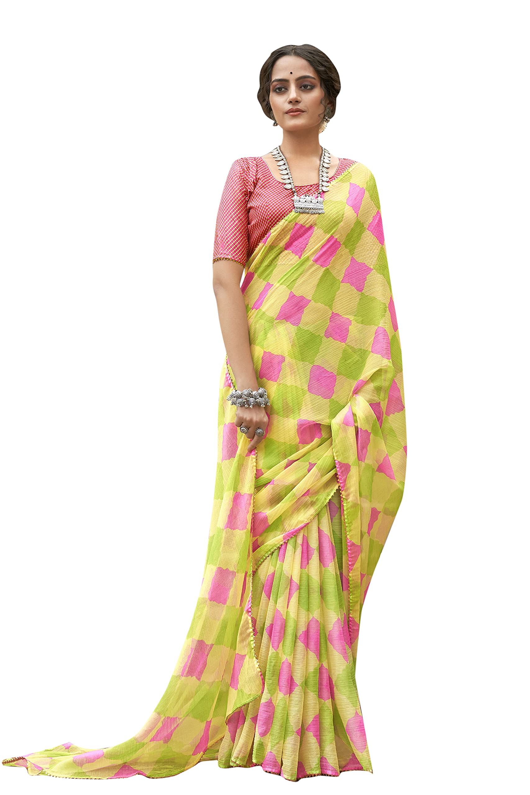 PBS PRINTS WOMEN'S CHIFFON MULTICOLOR PRINT SAREE WITH SAMOSA LACE & UNSTITCHED BLOUSE