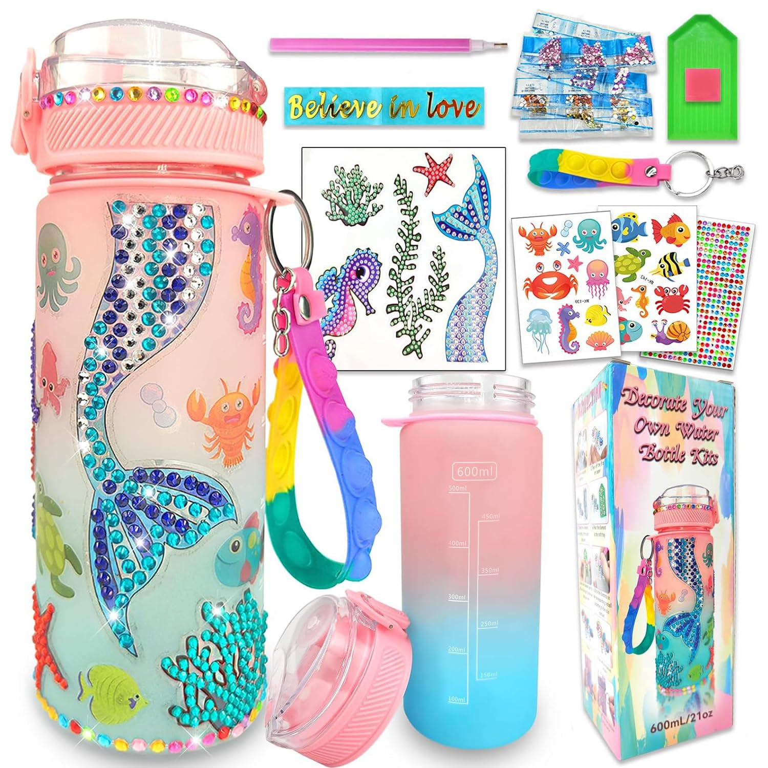 Masroo Decorate Your Own Water Bottle Kits for Girls Age 4-6-8-10,Mermaid Gem Diamond Painting Crafts,Fun Arts and Crafts Gifts Toys for Girls Birthday