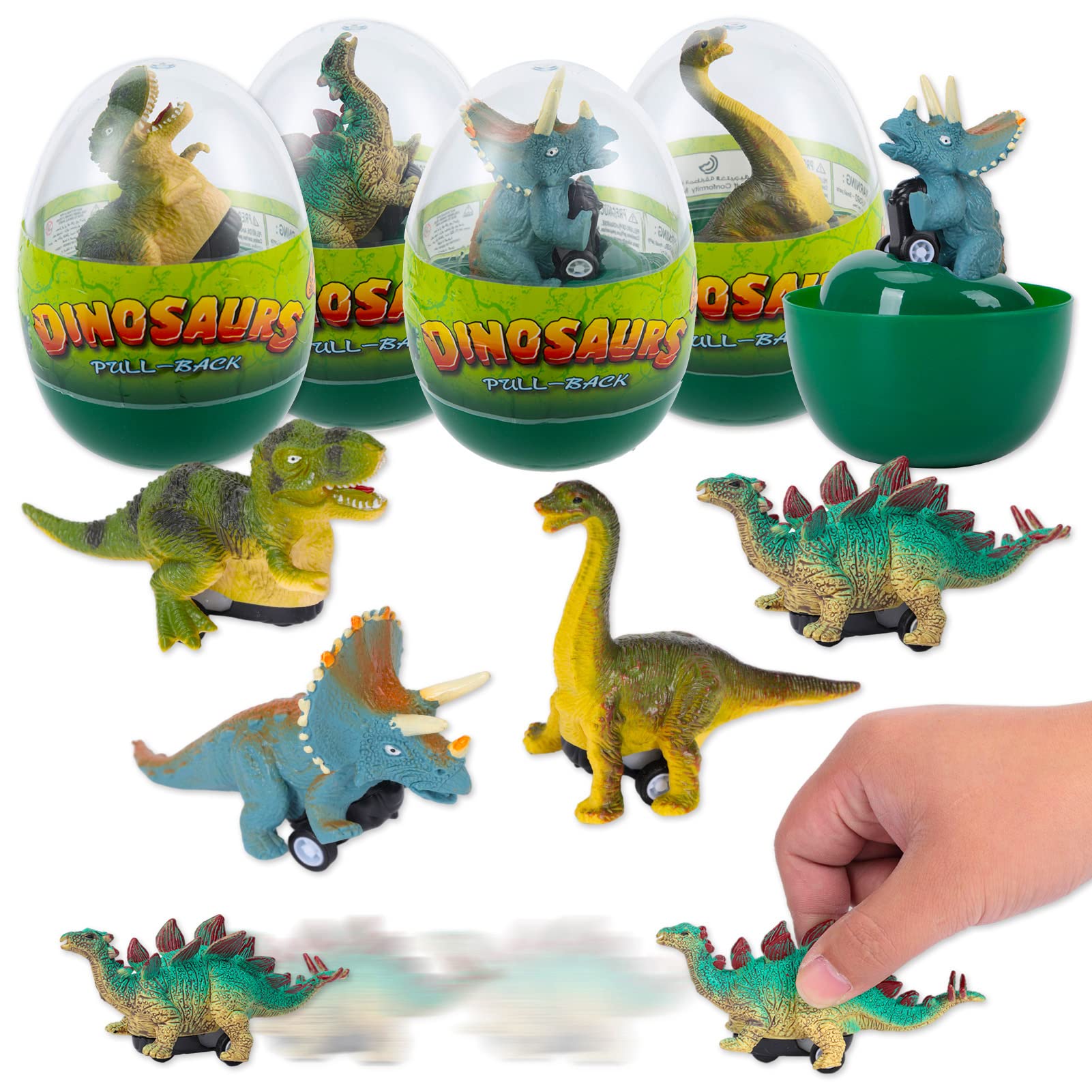 FunsLane 4 Pack Prefilled Easter Eggs with Pull-Back Dinosaur Car Toys for Kids Easter Egg Hunt, Easter Basket Stuffers Prefilled Surprise Jumbo Egg Toys Party Favors