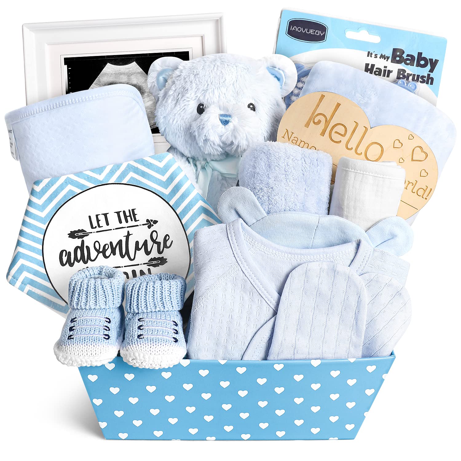 iAOVUEBYBaby Boy Gifts, Baby Shower Gifts - Newborn Bear Toys Rattle Blanket Infant Shoes Onesie Wooden Keepsake Babies Registry Gift Essentials Basket, Unique New Baby Gift Set for Boys