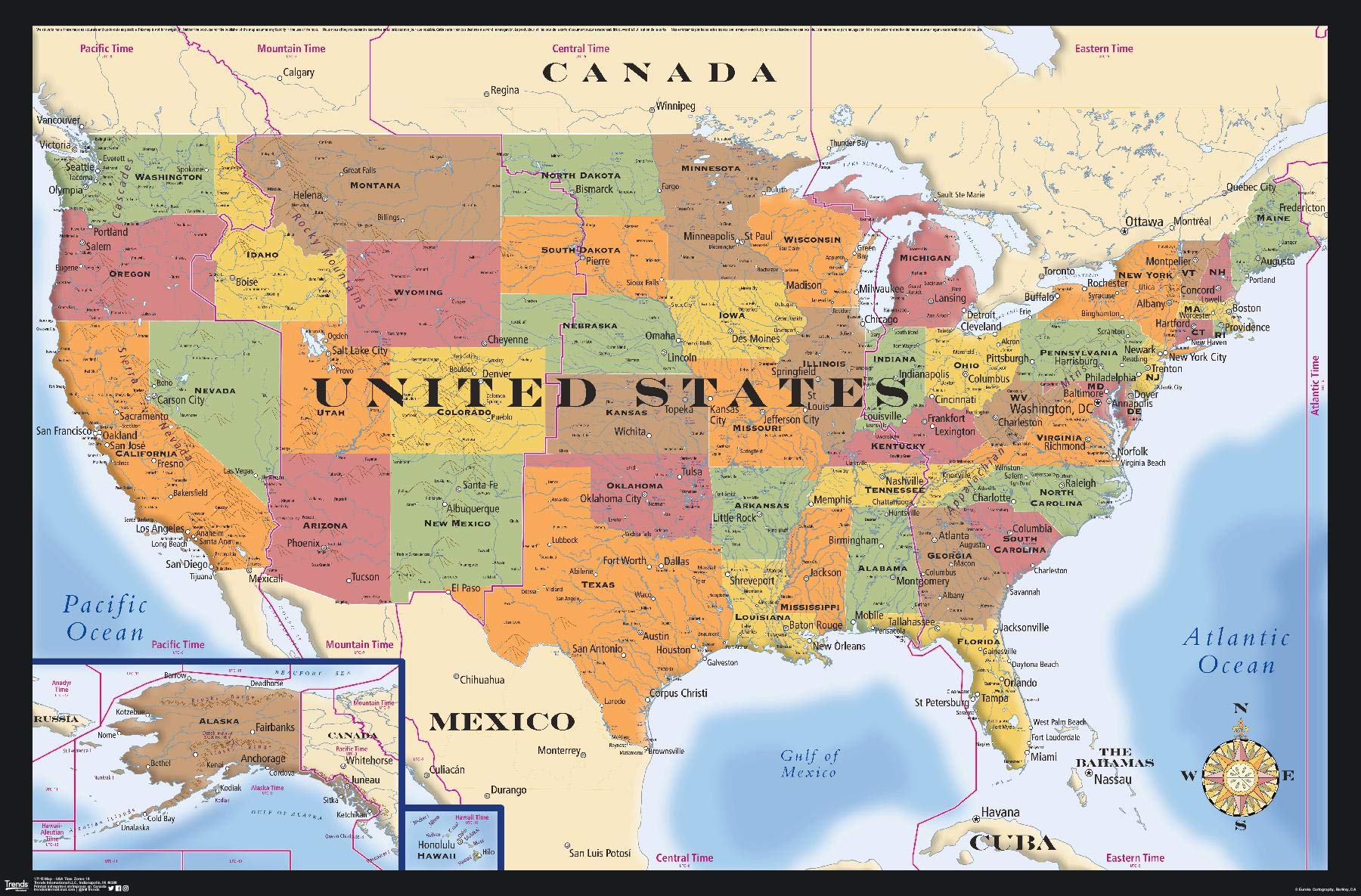 Trends International Map - USA Time Zones Wall Poster, 22.375" x 34", Premium Unframed Version