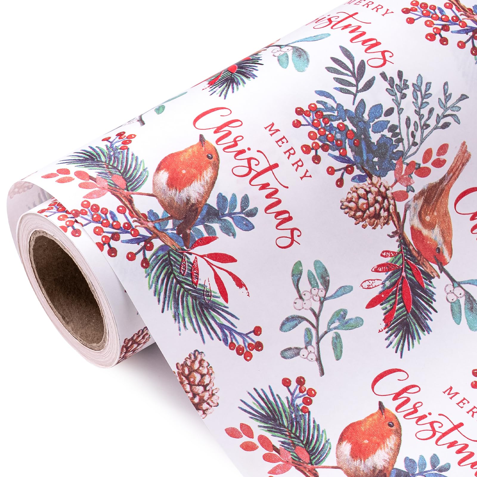 WRAPAHOLICKraft Christmas Wrapping Paper - Mini Roll - 17 Inch x 33 Feet - White Merry Christmas Bird Design for Chrsitmas, Holiday, Party Celebration