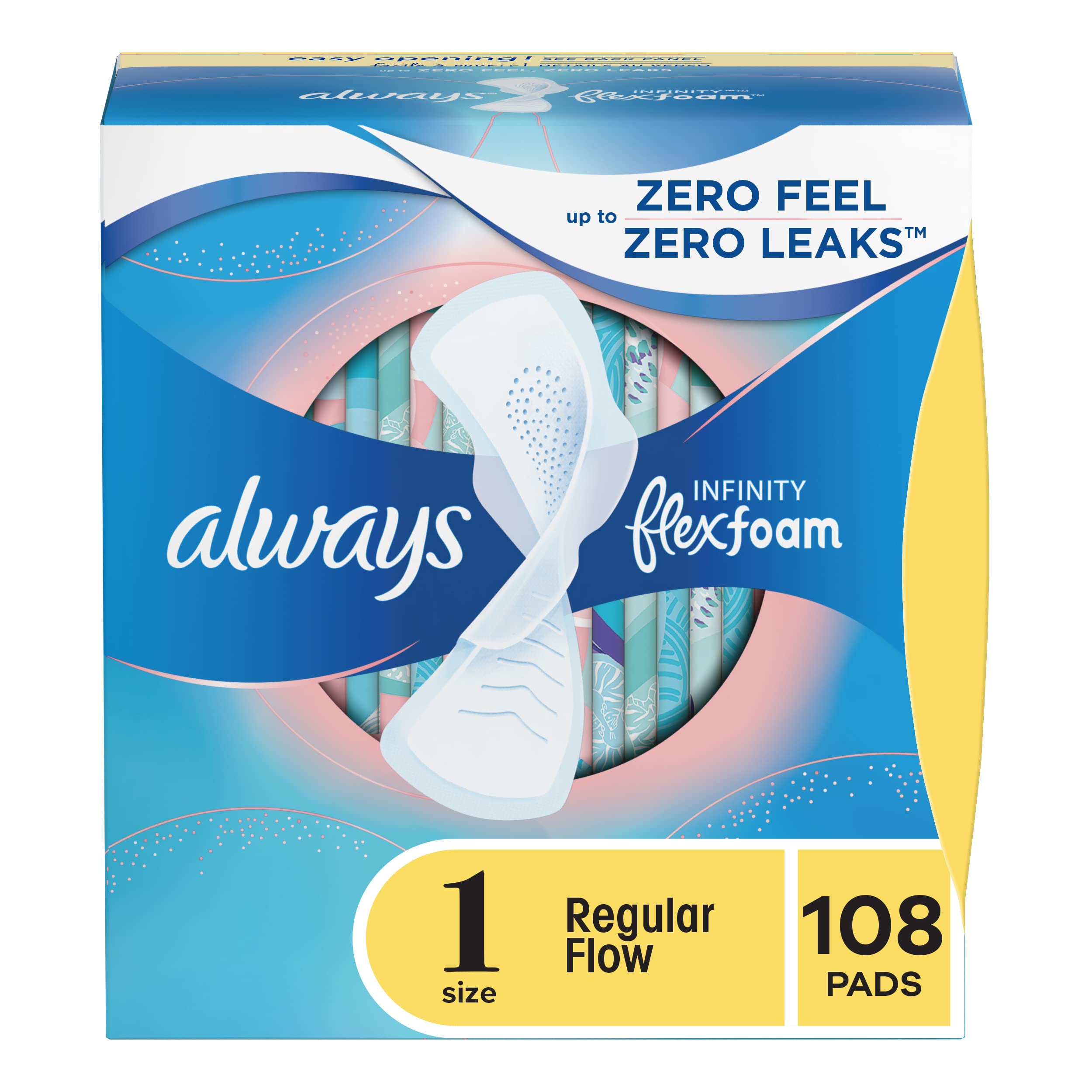 Always Infinity Feminine Pads For Women, Size 1 Regular Absorbency, Multipack, With Wings, With Flexfoam, Unscented, 36 Count x 3 Packs (108 Count total)