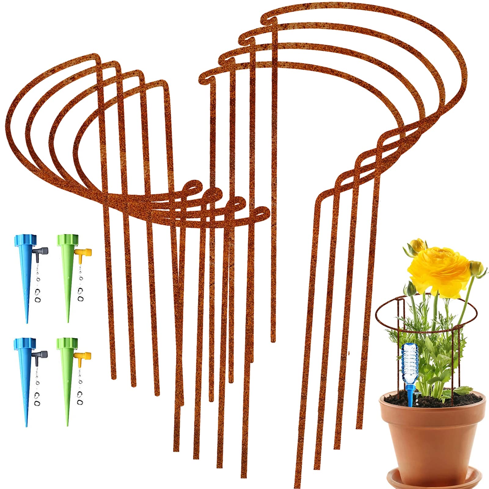 Large 60cm Tall Rusty Bow Plant Support Stakes, Half Round Natural Rust Flower Support Ring Cage Frame with 4 Self Watering Spikes, Metal Interlinking Garden Border for Peonies, Hydrangea(8,60x30cm)