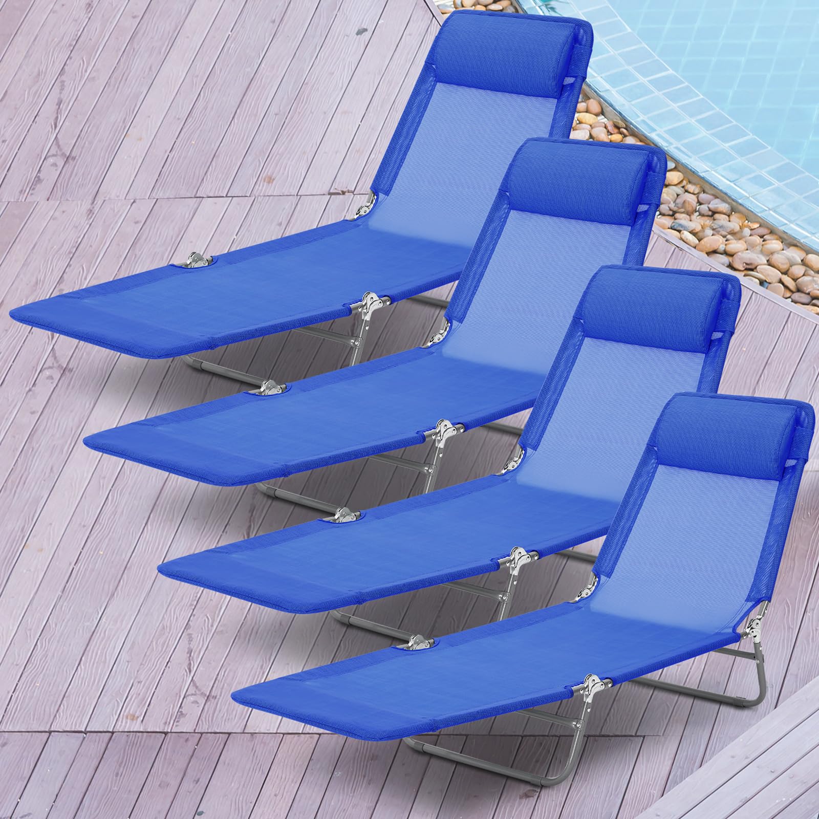 4 Pack Folding Chaise Lounge Chairs Pool Chairs with Pillow Sunbathing Tanning Chair 5 Level Adjustable Backrest Waterproof Breathable Mesh Beach Lounge Chairs for Patio Green Yard(Blue)