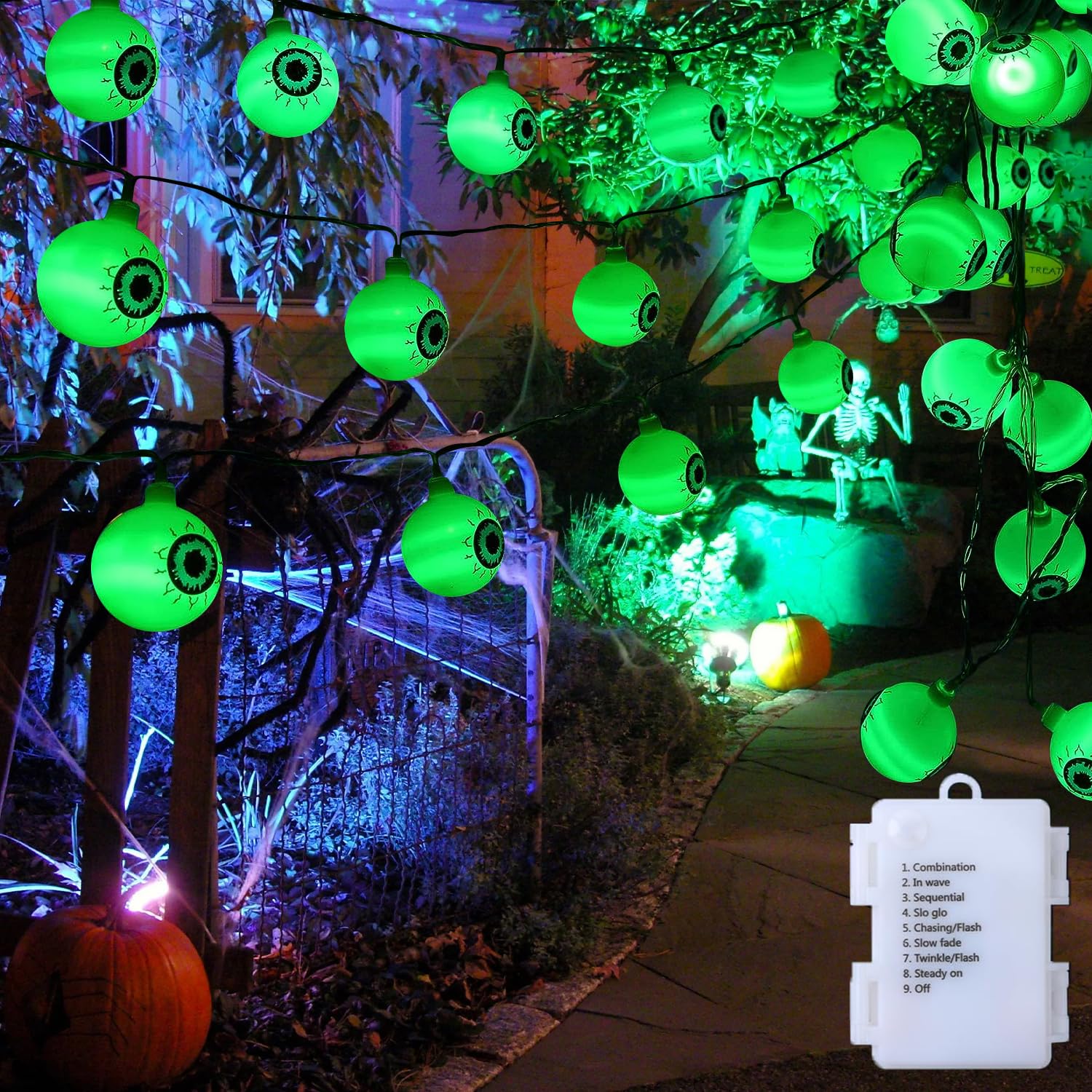 COLORCASA30 Pcs LED Halloween Eyeball String Lights- 16.4FT Battery Operated 8 Modes Flash Halloween String Lights for House, Garden, Yard, Window, Porch and Halloween Party Decor (Green)