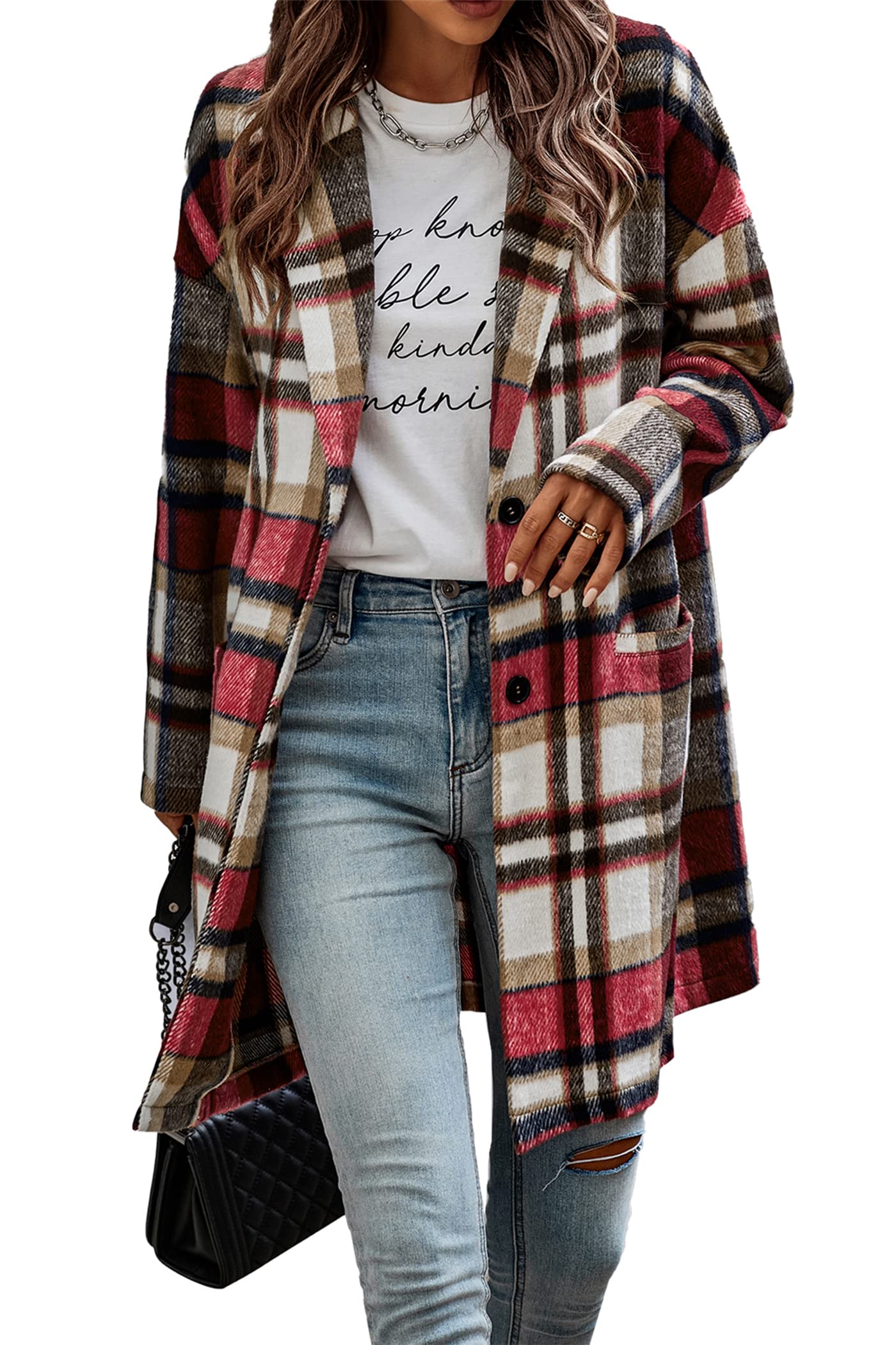 PRETTYGARDENWomen's 2024 Plaid Shacket Jacket Casual Button Wool Blend Winter Tartan Trench Coat With Pockets