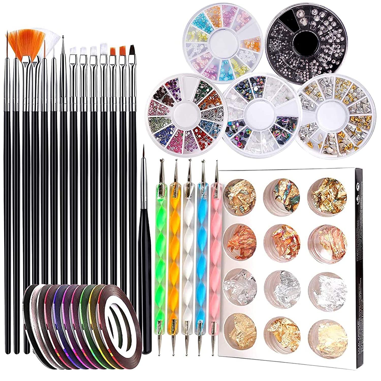 LIENJAER Nail Art Tools Kit for Acrylic Nails, 47 PCS Nail Design Kit with Gel Nail Art Brushes, Dotting Tool, Nail Rhinestones and Nail Tape Strips, Black