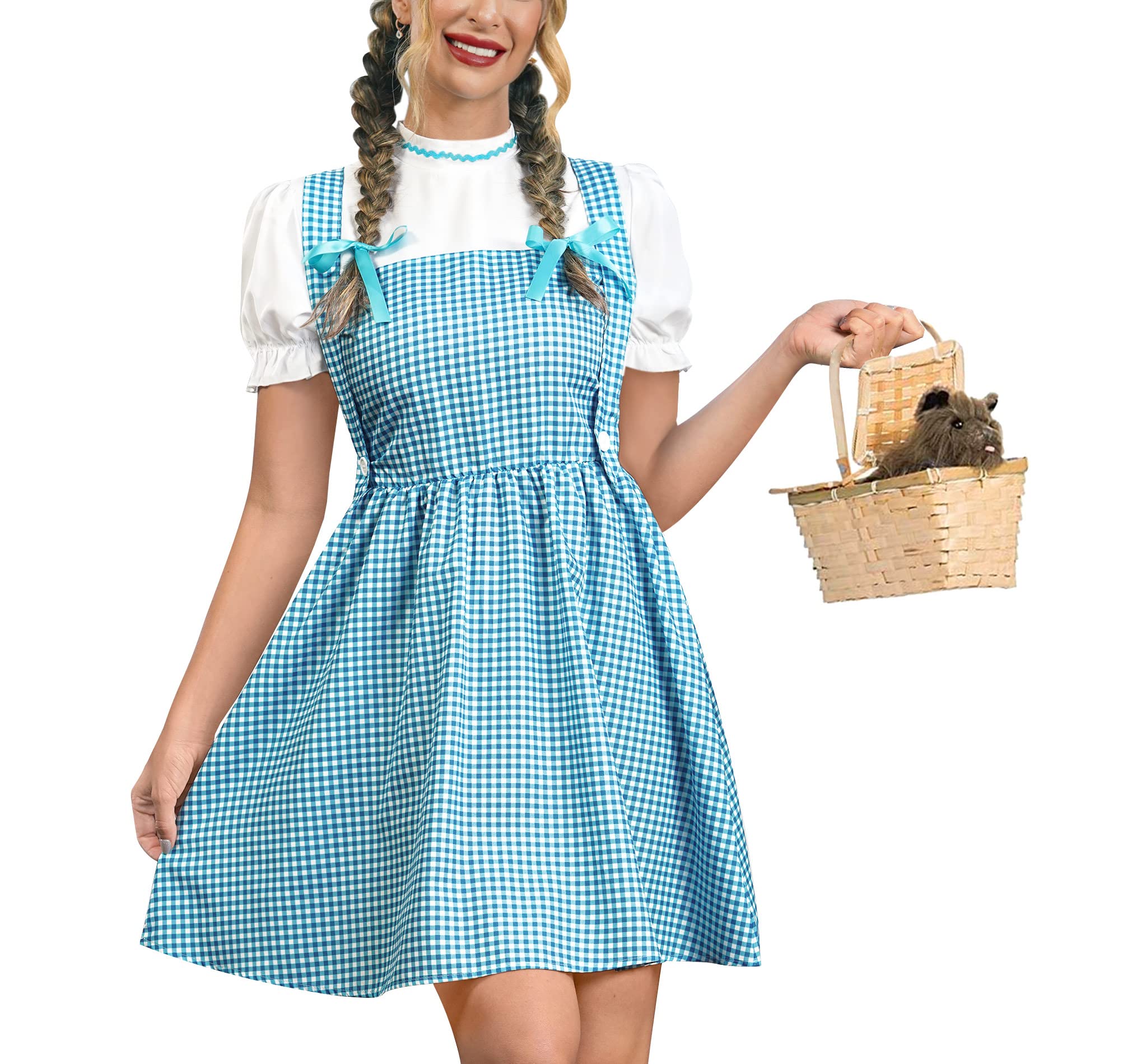 Spadehill Women's Halloween Wizard Costume Blue White Gingham Dress with Hair Ribbons