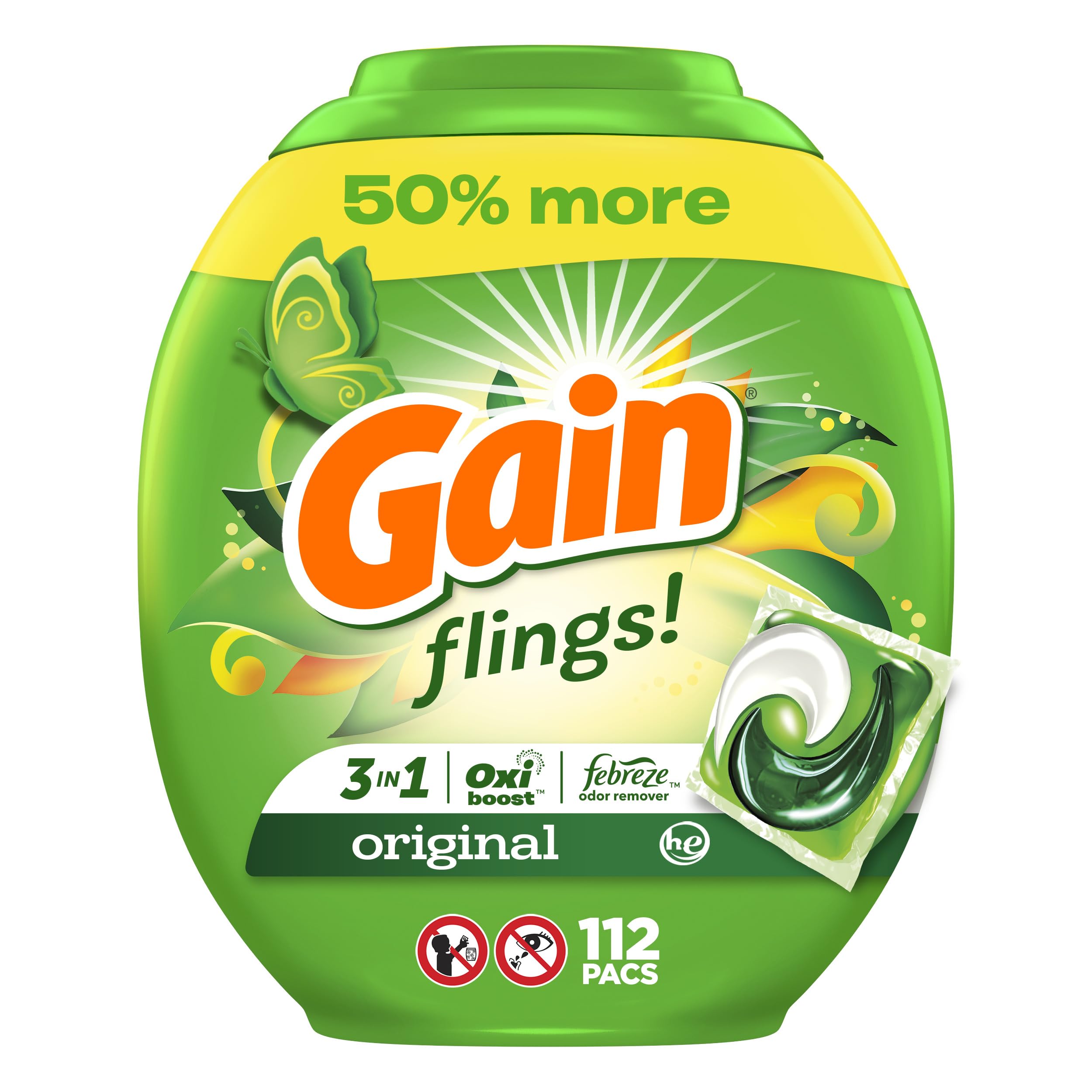 Gain FLINGS Laundry Detergent Pacs, Original Scent, 3 in 1 HE Detergent Pacs with Oxi Boost and Febreeze, 112 Count, Gain Laundry Detergent, Laundry Pacs