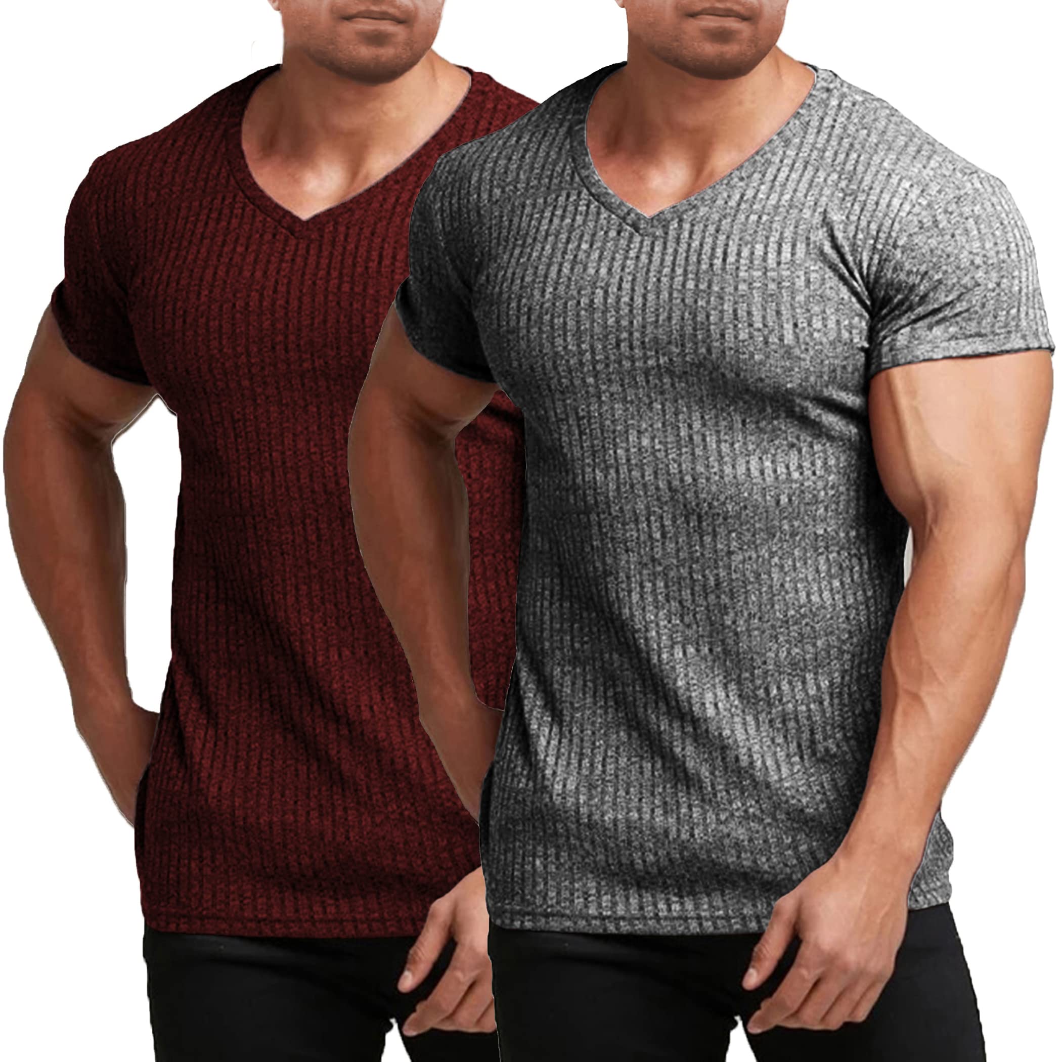 COOFANDYMen's Muscle T Shirts Stretch Short Sleeve V Neck Bodybuilding Workout Tee Shirts Ribbed Knit Shirt