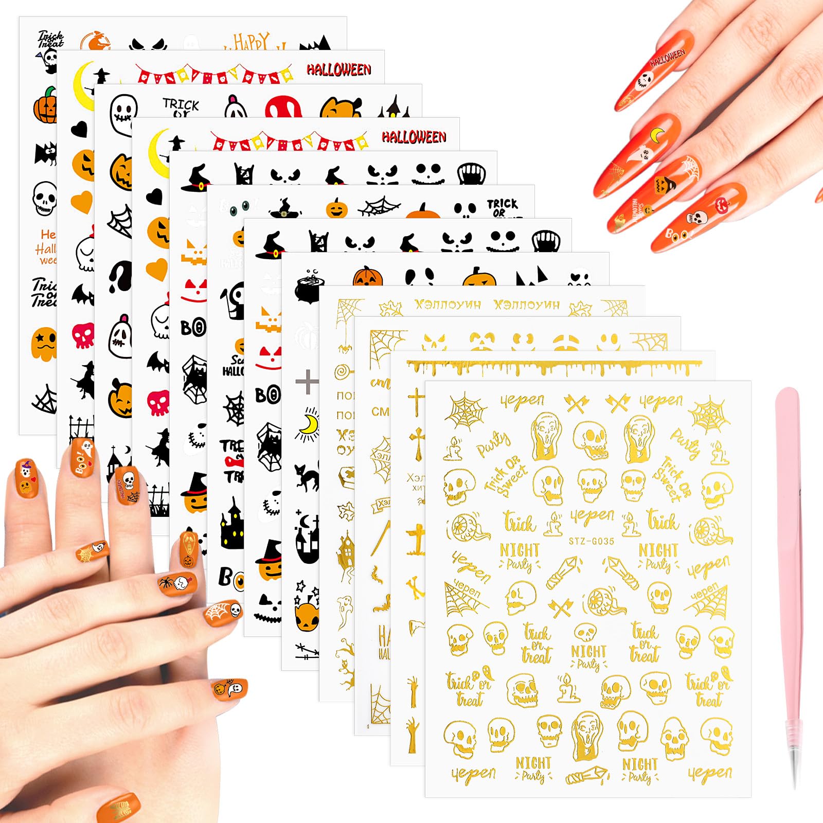 Heelay12 Sheets Halloween Nail Art Stickers, [ with Tweezers for Free ] Self-Adhesive DIY Nail Sticker Decals, Pumpkin Bat Ghost Spider Skull Nail Decorations for Halloween Party