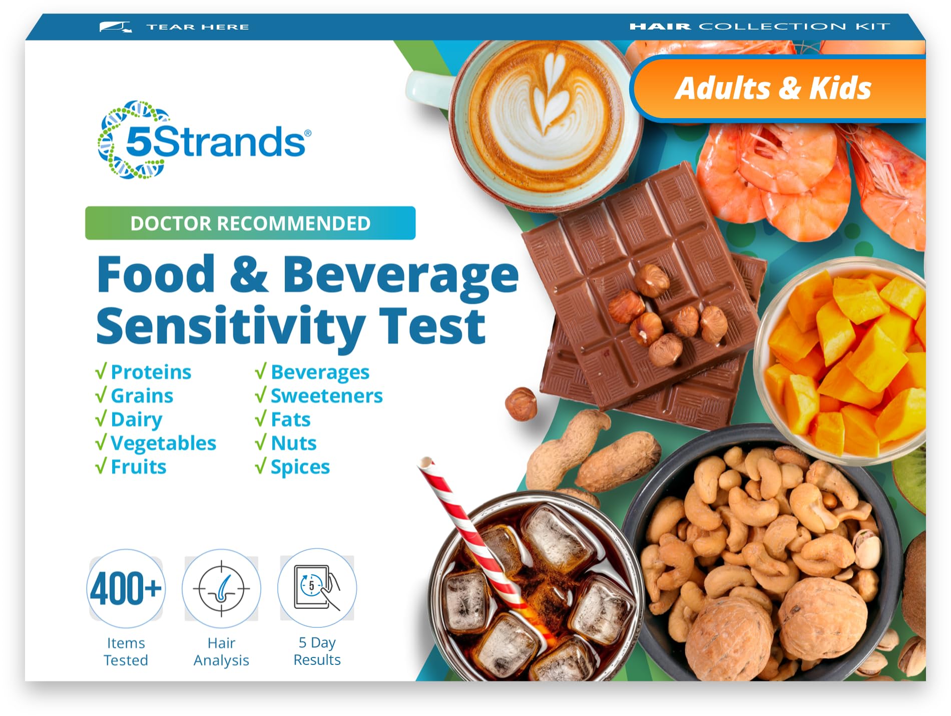 5Strands Food & Beverage Sensitivity Test, Hair Analysis Intolerance Test for Adults & Kids, 400+ Items Tested, at-Home Collection Food Intolerance Testing, Accurate Results in 5 Days