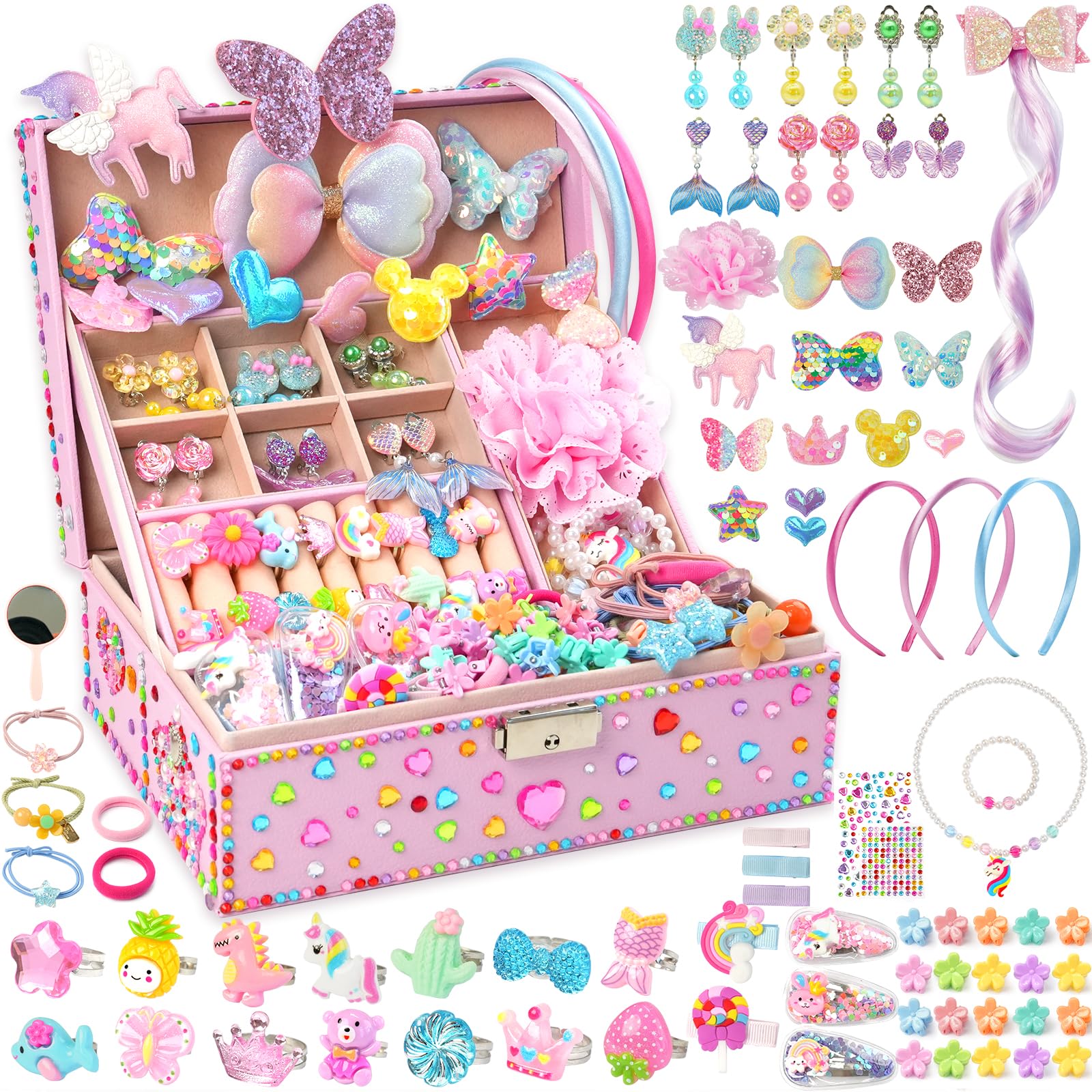 Jewelry Gifts Toys for Girls, Unicorn Jewelry Box Ring Earring Necklace Set, Art Craft DIY Headband Making, Dress Up Pretend Play Toys for Kids,Chrismtas Easter Birthday Gifts for Girls 4 5 6 7 8 9 10