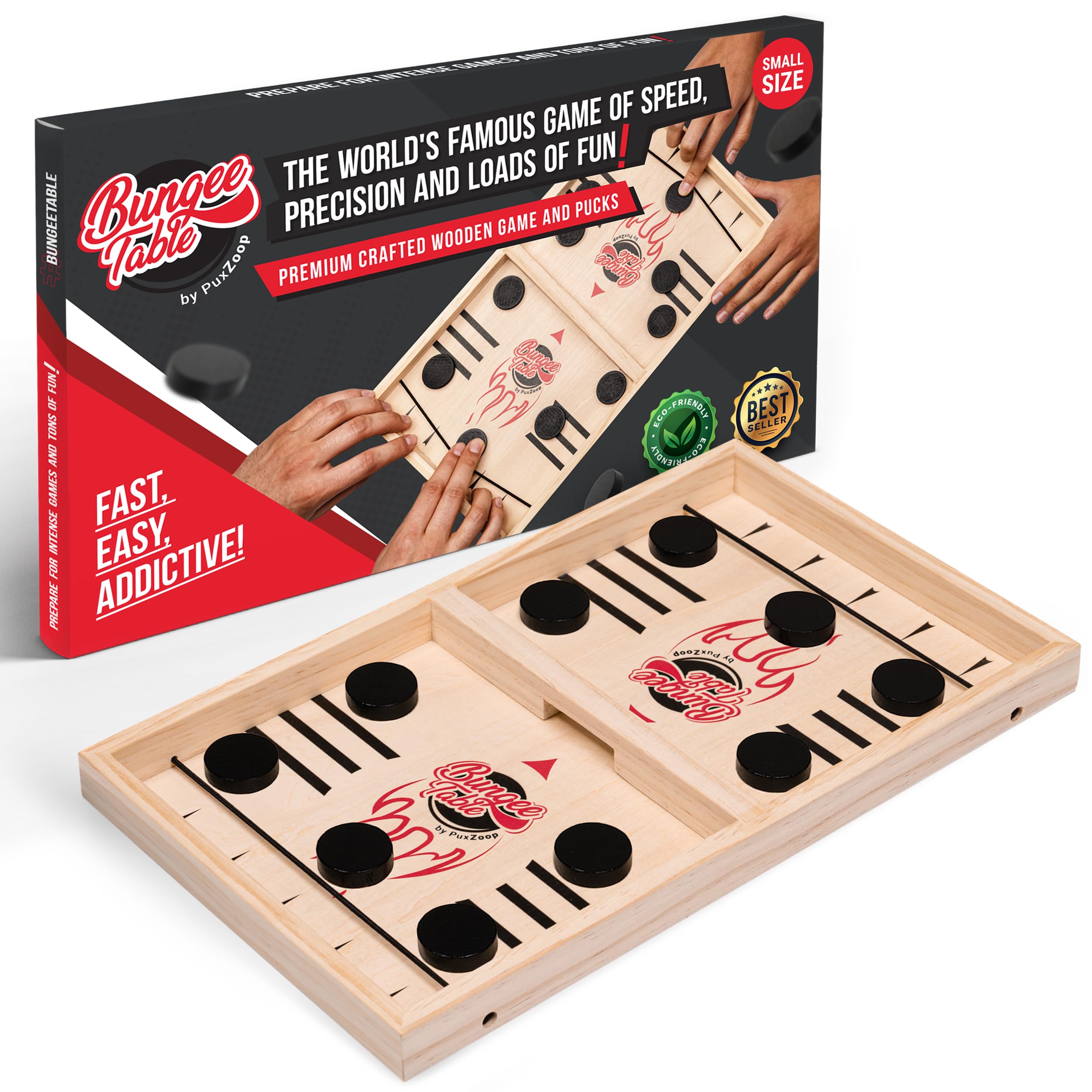 Bungee Table - Small Fast Sling Puck Game - Test Your Speed and Accuracy with This Fast Action Wooden Air Hockey Board Game - Guaranteed Fun for Family Game Night or Party with Friends