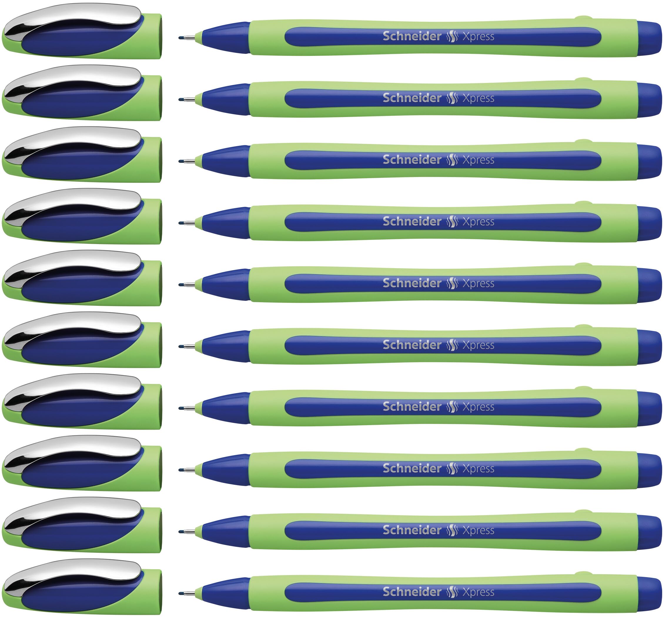 Schneider Xpress Premium Fineliner, 0.8 mm Porous Point, Light Green Barrel, Blue Ink, Box of 10 Pens (190003)