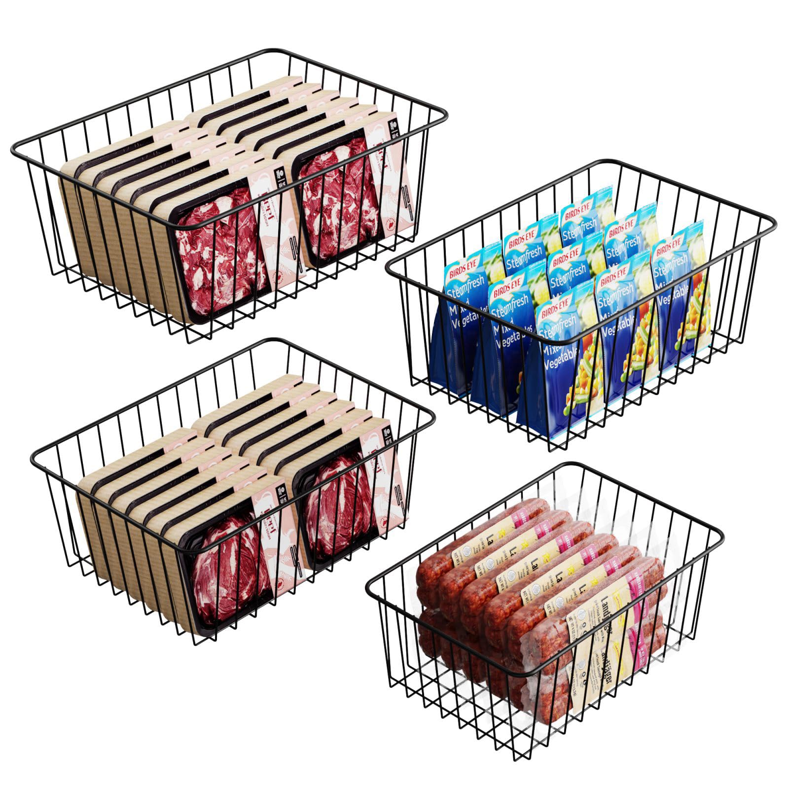 iSPECLEUpright Freezer Organizer Bins - 4 Pack Freezer Baskets for 16/17 / 21 Cu.Ft Stand up Freezer, Easily Get Food, Stop Food Fall out from Freezer Allow Air Circulation, 2 Large 2 Medium, Black