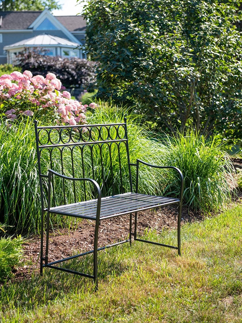 Gardeners Supply Company Oxford Folding Garden Bench | Sturdy Metal Frame Outdoor Portable Bench with Side Armrest for Patio, Lawn, Yard & Flower Gardens | Fits 2-Person (17.5" W x 40.5" L x 41" H)