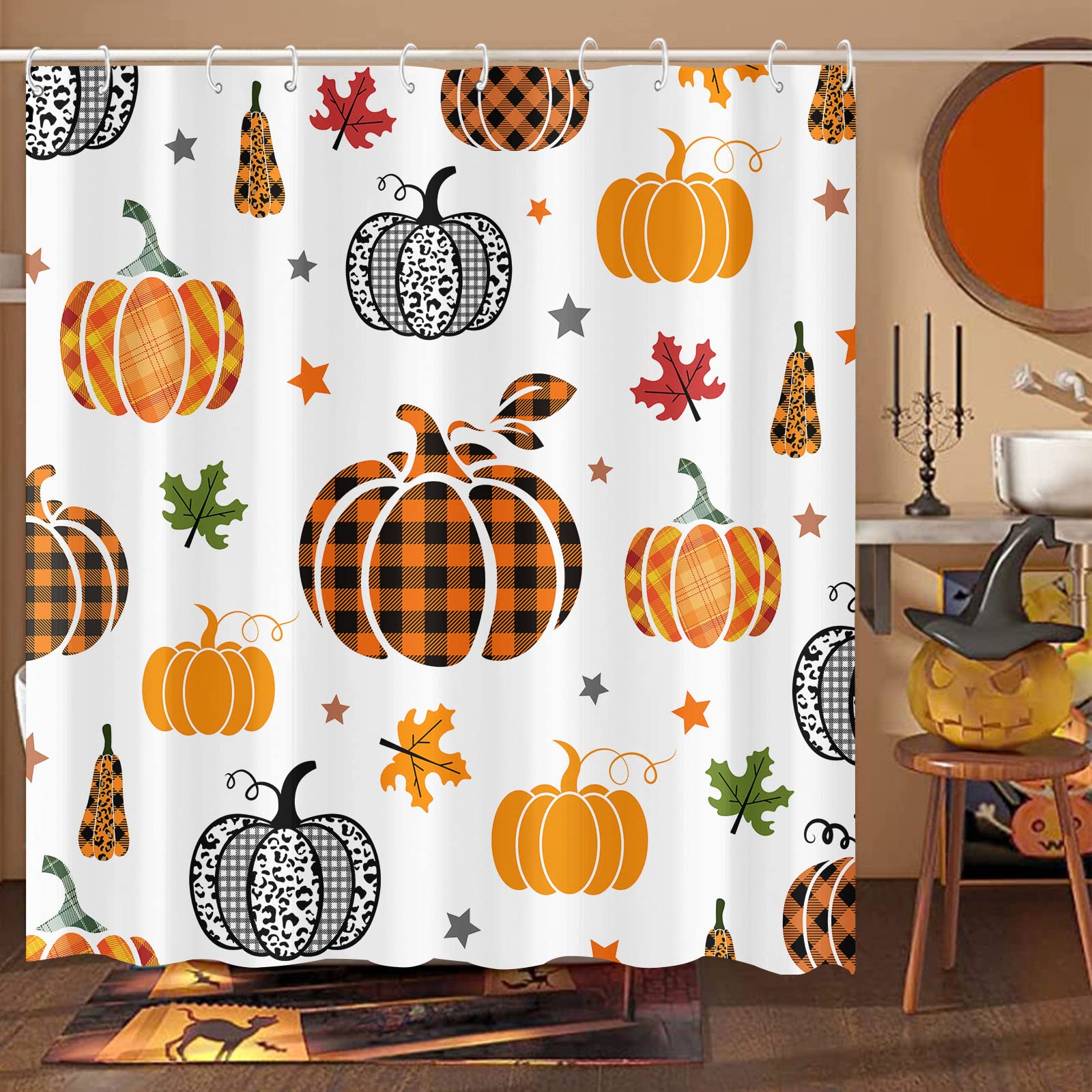 Accnicc Halloween Shower Curtain Fall Orange Cute Pumpkin Waterproof Fabric Shower Curtains for Bathroom Autumn Maple Leaves Watercolor Bathroom Curtain Decor (White, 72'' × 72'')