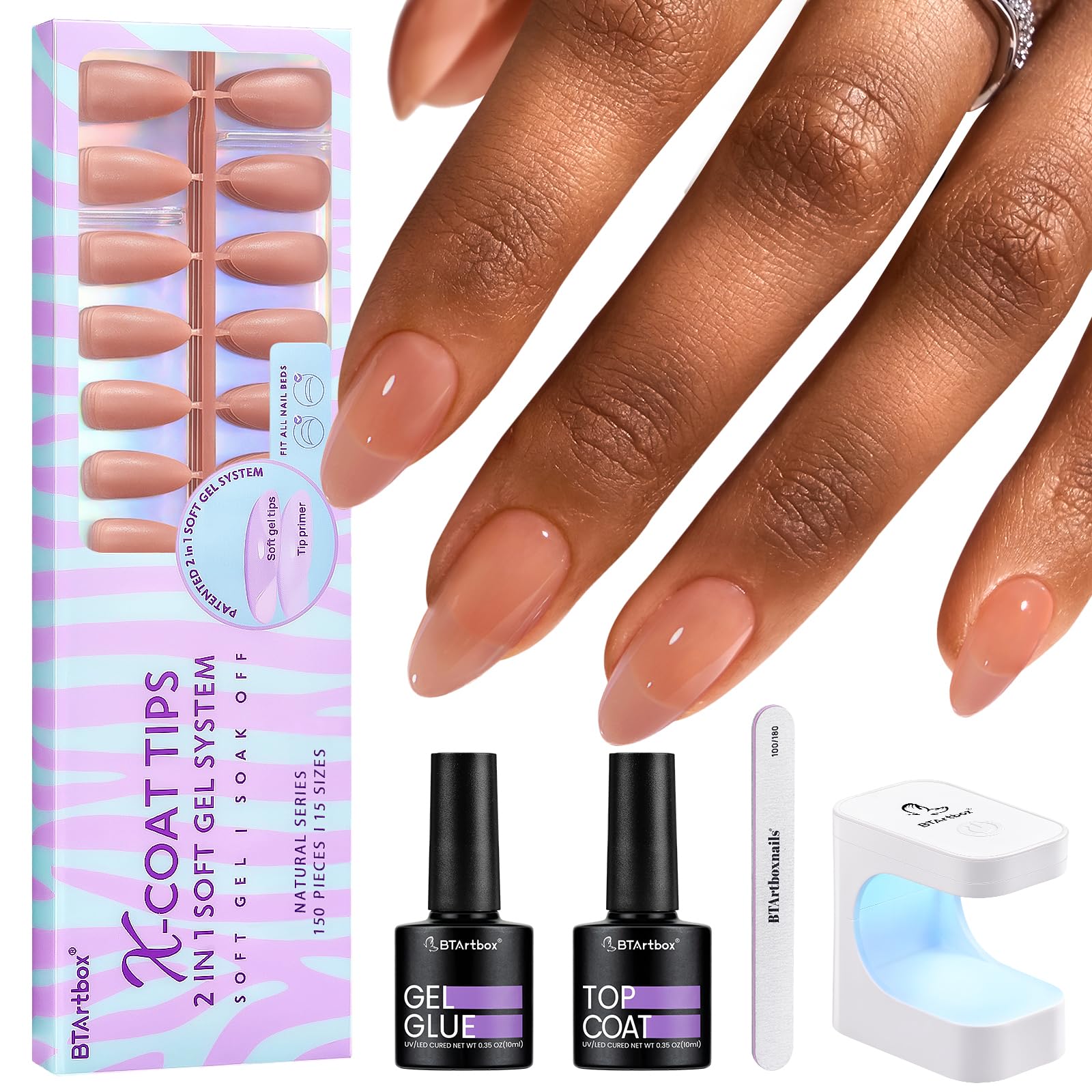 BTArtbox Almond Nail Tips - Brown Soft Gel Nail Kit with 150 pcs Medium Fake Nails, Gel Nail Glue, Top Coat, Nail Lamp, Pre-colored Press on Nails for Nail Art Easy DIY