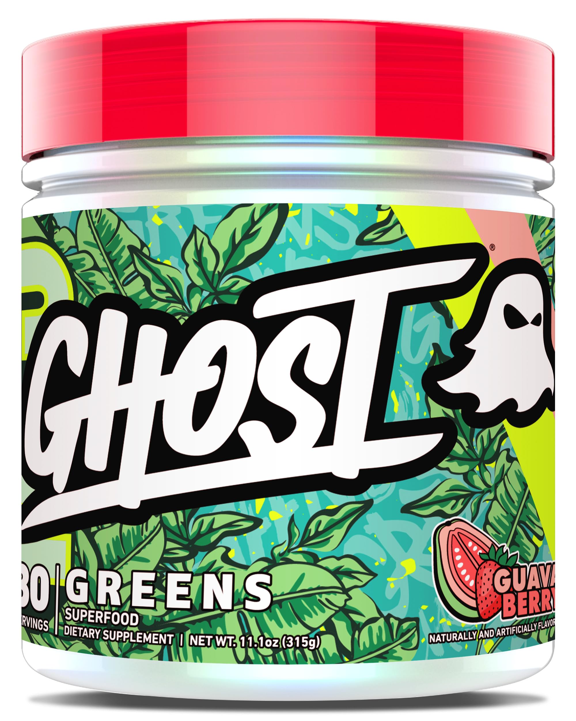 GHOST Greens Powder, Guava Berry - 30 Servings - 19 Superfood Greens & Reds Powder, Fruits, Vegetables, Spirulina, & Chlorella, Prebiotics, 10 Billion CFU Probiotic & Digestive Enzymes - Gluten-Free