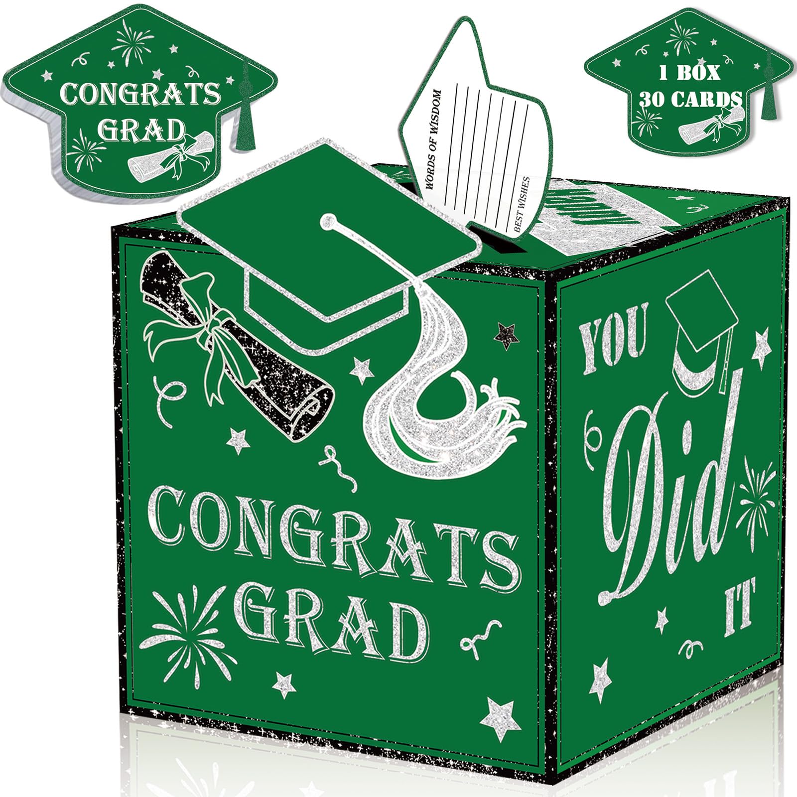 AYGXU graduation card box Holder 2024 with 30pcs graduation cards,Graduation party Decorations,graduation box for gifts and Cards,graduation money box,Graduation Party favors Supplies-green box