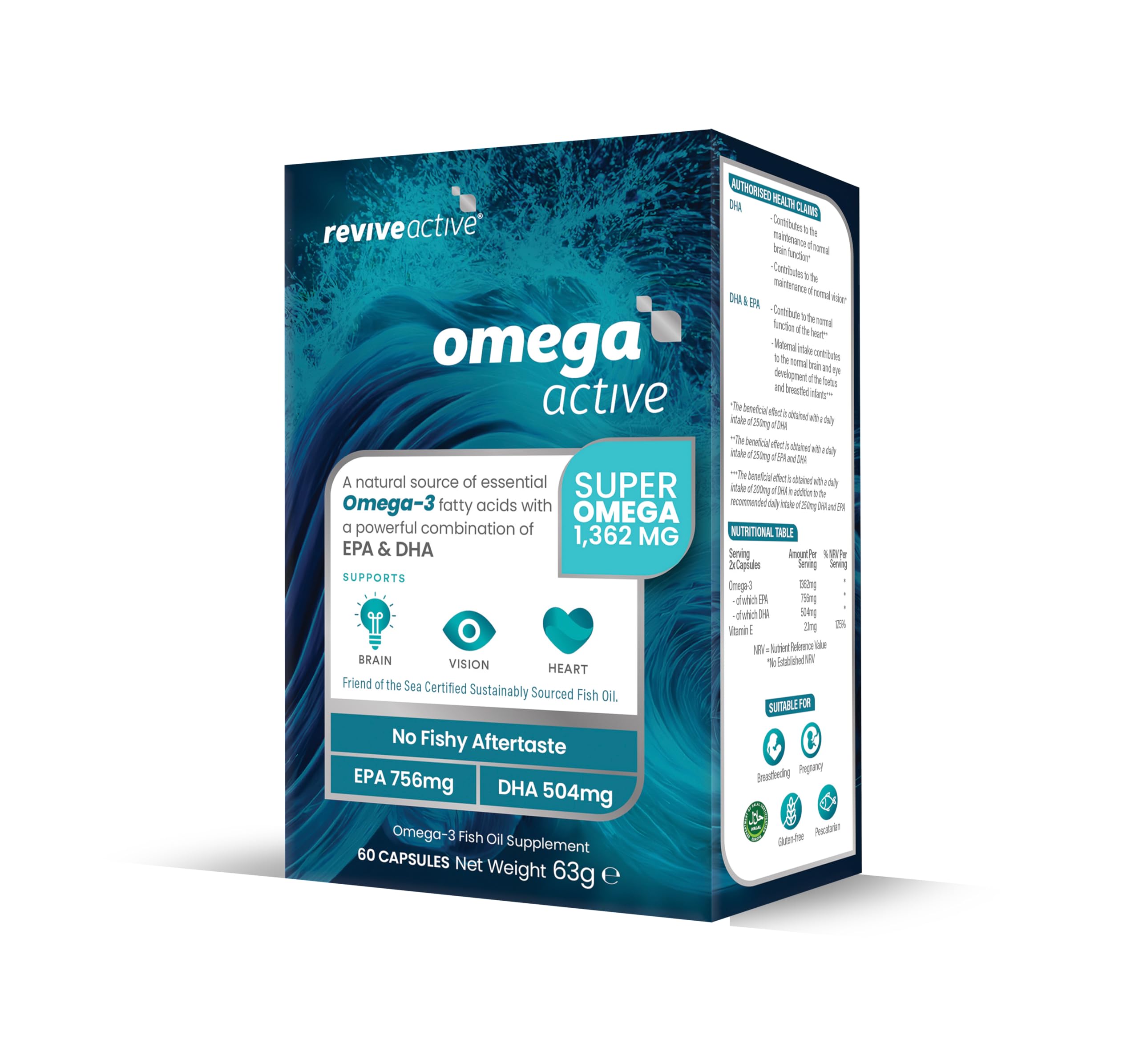 Revive Active Omega Active Supplement - Omega-3 Fish Oil Supplement with EPA & DHA, No Fishy Aftertaste - Omega 3 Fatty Acids Supplements, Supports Brain, Vision, & Heart - 60 Capsules