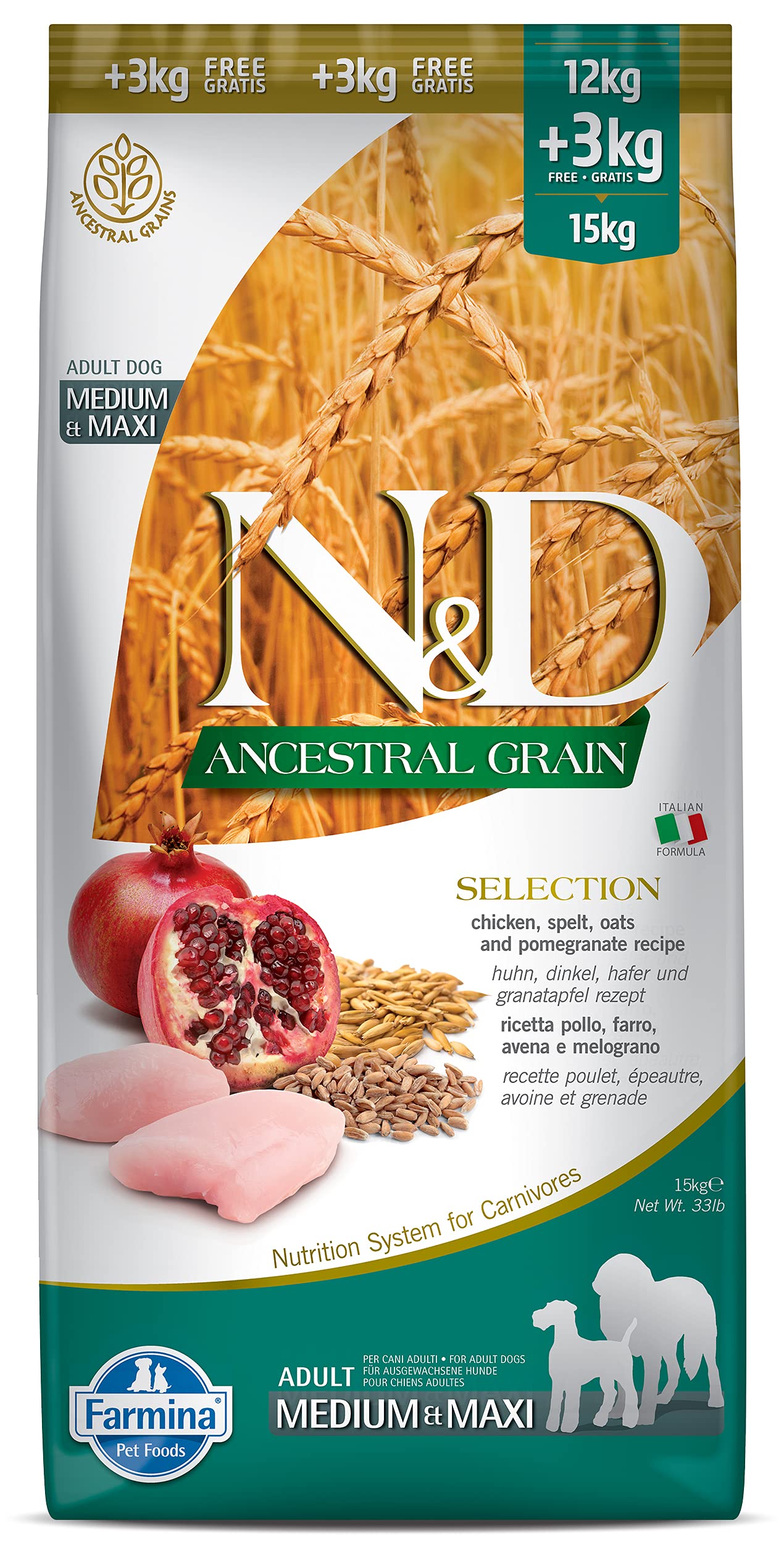 FARMINA PET FOODS Ancestral Grain Selection Dry Dog Food, Adult Medium & Maxi Breed, 12kg + 3kg Free, Chicken and Pomegranate