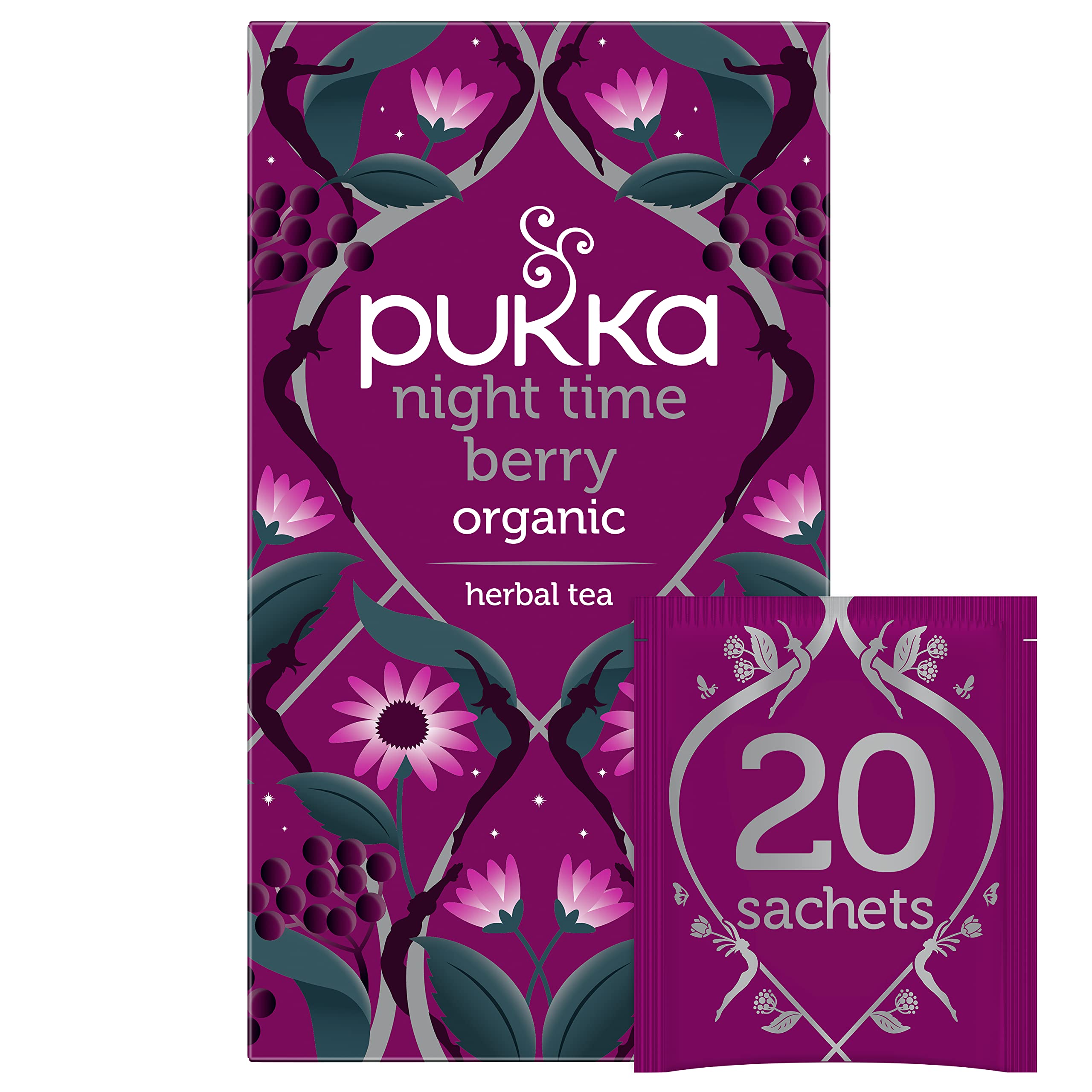 PukkaOrganic Night Time Berry Herbal Tea with Chamomile, Echinacea, and Elderberry, Caffeine Free, 20 Total Tea Bags