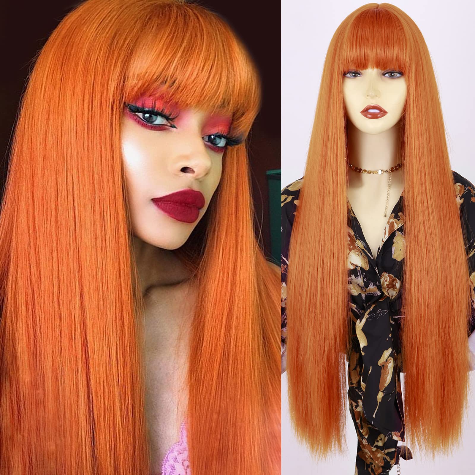 MISSQUEEN Long Orange Wig with Bangs,Straight Orange Wigs for Women,30 Inch Cosplay Long Ginger Wig Natural Looking for Daily Wear