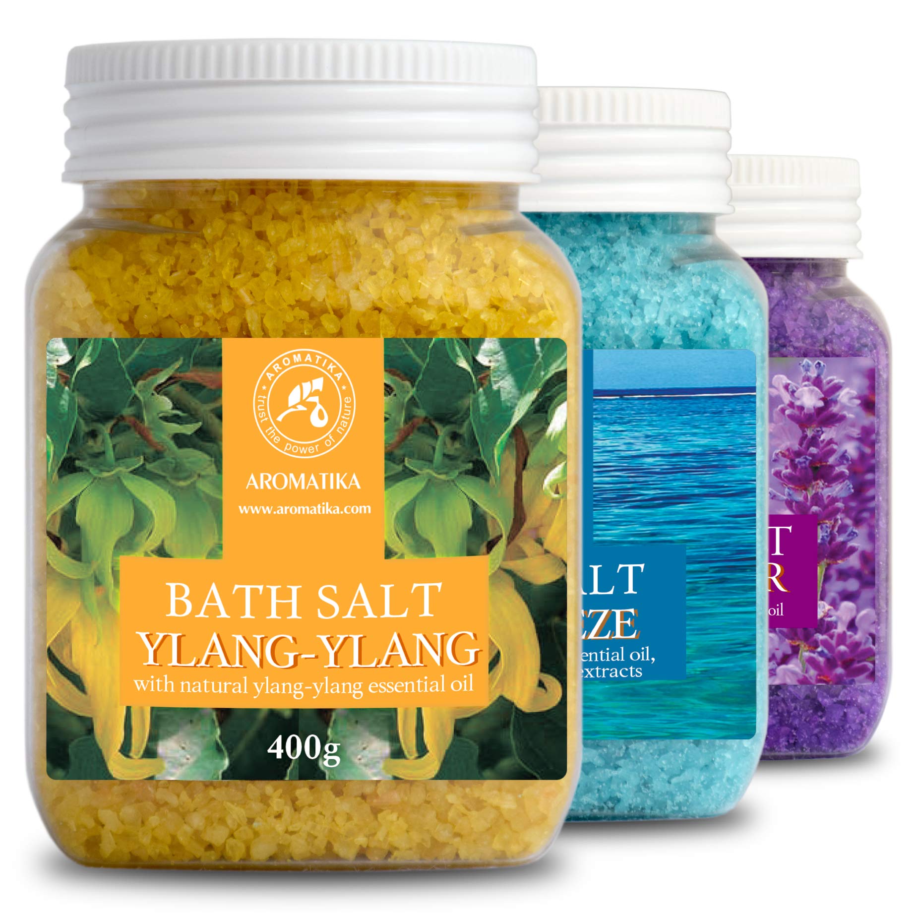 Bath Salts Set 3x400g with Lavender - Sea Breeze & Ylang-Ylang - 100% Natural Essential Oil - Best for Good Sleep - Stress Relief - Bathing - Body Care - Wellness - Beauty - Relaxation - Spa