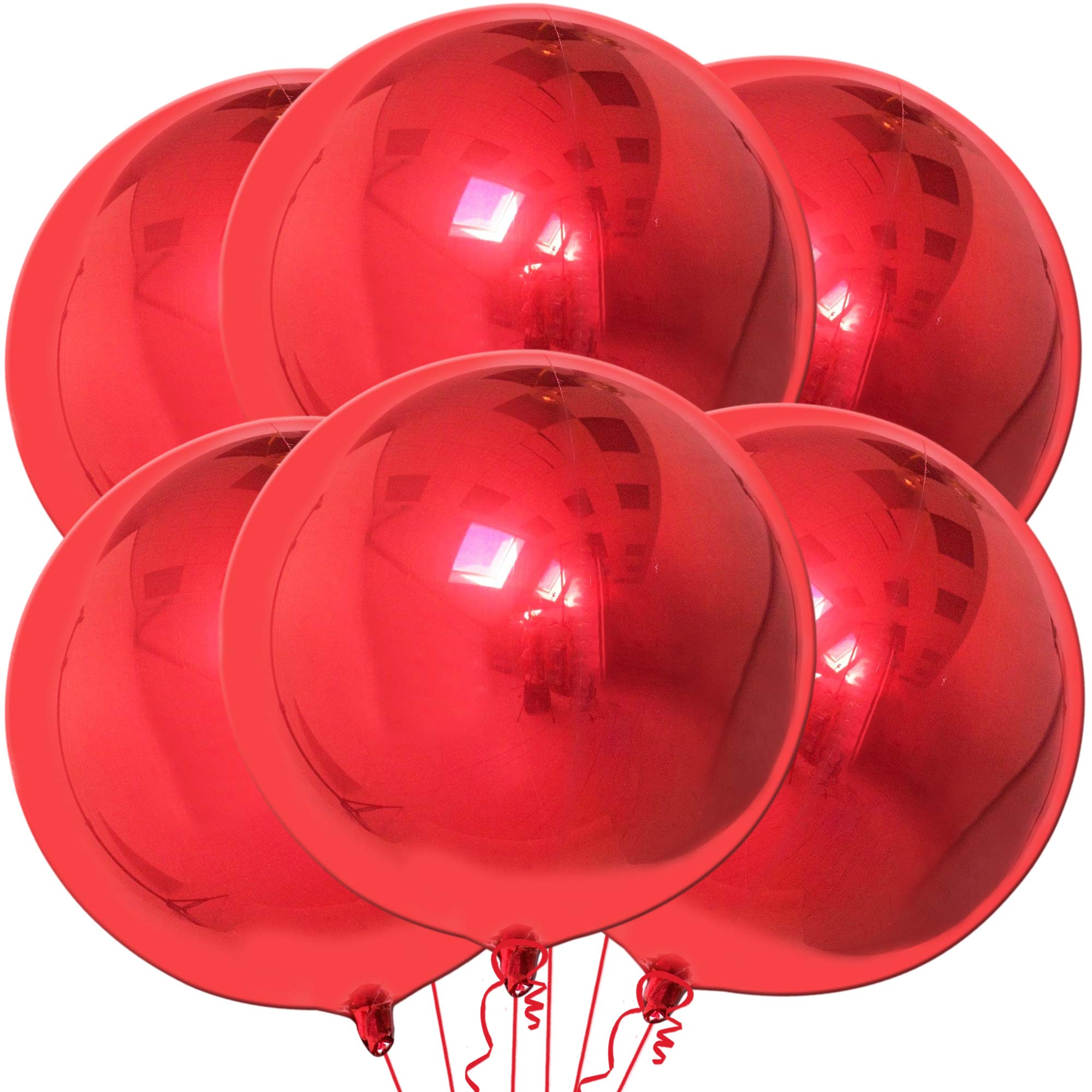 Big, 22 Inch Red Metallic Balloons - Pack of 6 | 360 Degree 4D Sphere Red Chrome Balloons | Mirror Finish Red Foil Balloons | Valentines Balloons, Christmas Party Decorations | Christmas Foil Balloon