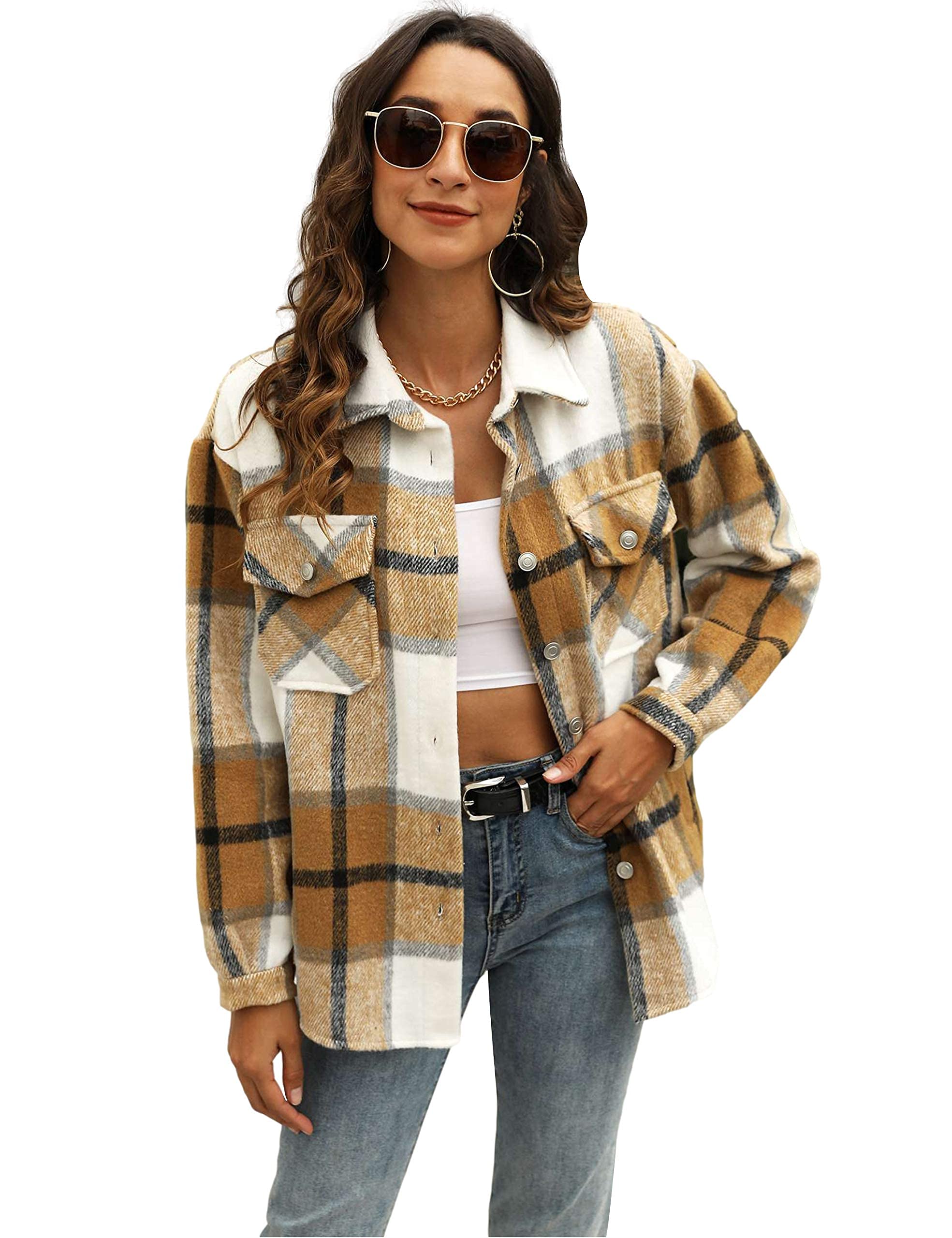 UANEOWomens Plaid Shacket Button Down Wool Blend Fall Flannel Shirt Jacket