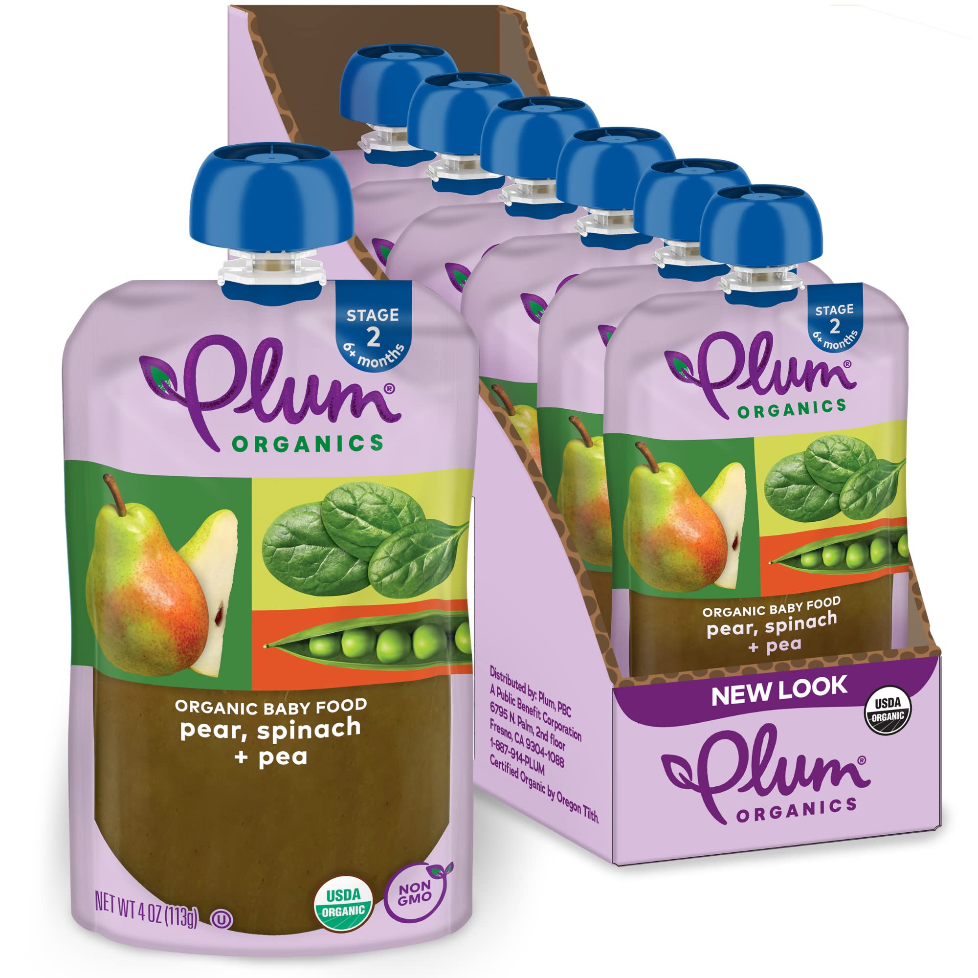 Plum Organics Stage 2 Organic Baby Food - Pear, Spinach, and Pea - 4 oz Pouch (Pack of 6) - Organic Fruit and Vegetable Baby Food Pouch