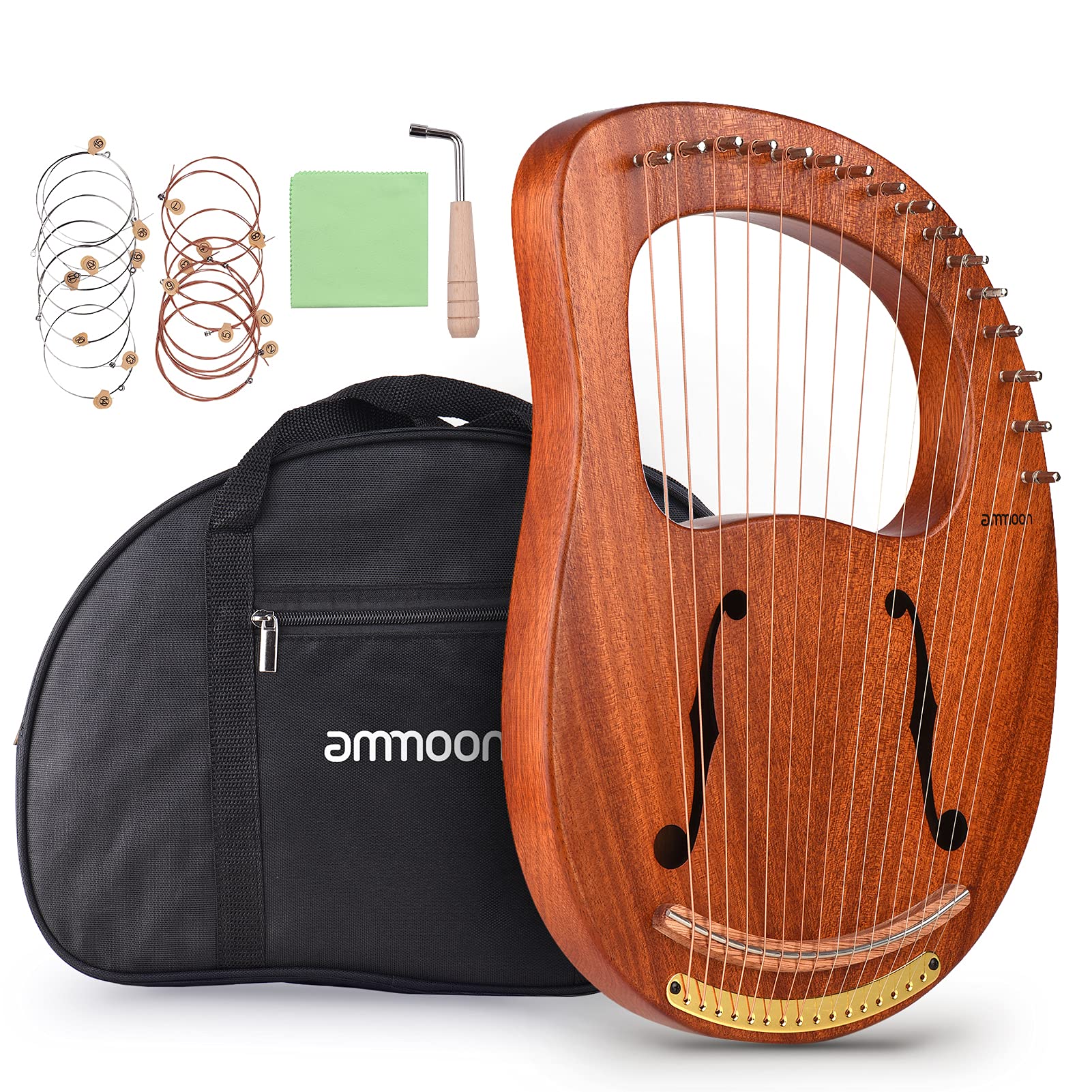 OUNA Lyre Harp,WH-16 16-String Wooden Lyre Harp Metal Strings Solid Wood String Instrument with Carry Bag Tuning Wrench Cleaning Spare Strings Cloth MusicBook