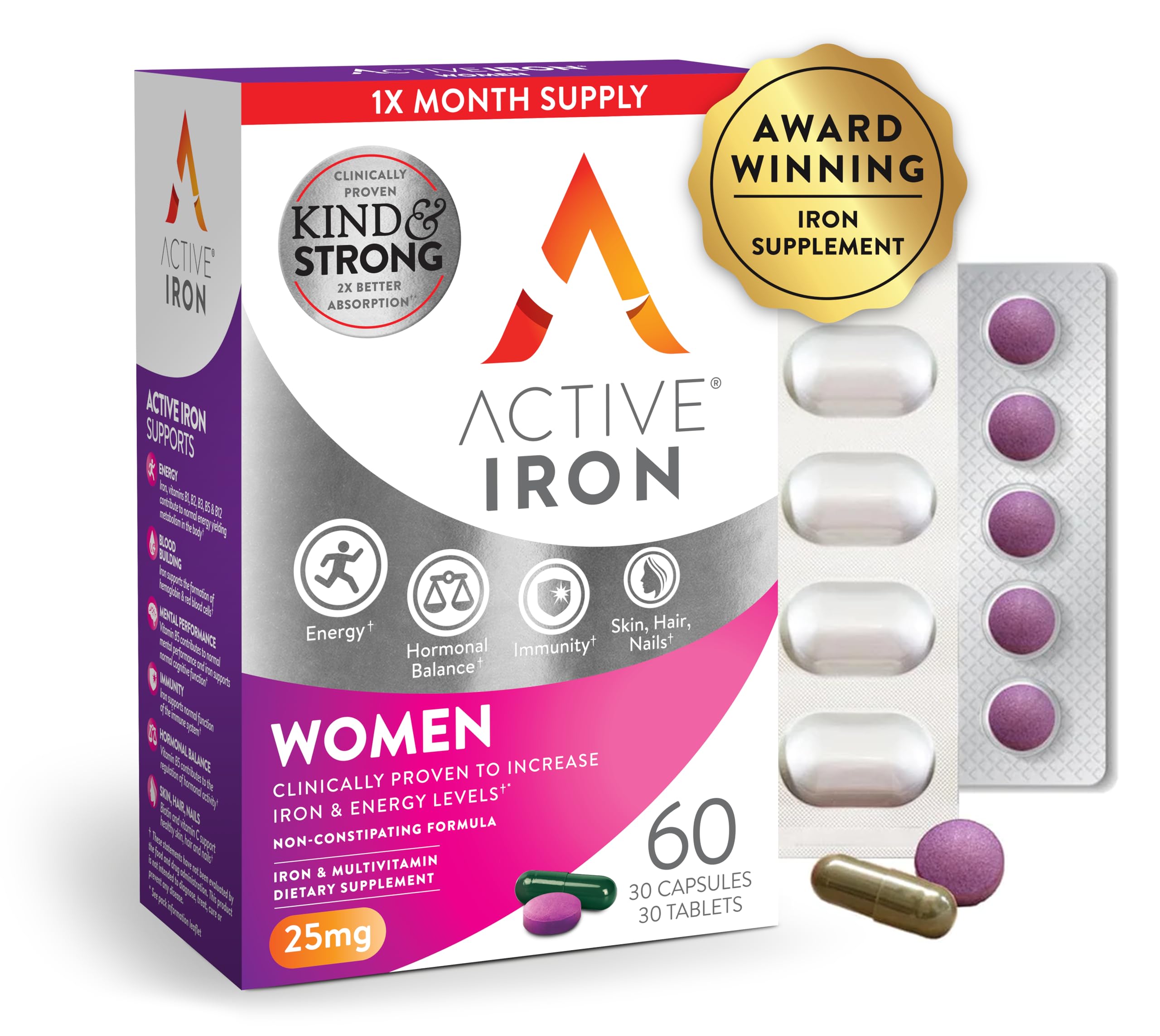 Active Iron for Women, Non-Constipating, 30 Active Iron High Potency Capsules with 30 Multivitamin Tablets, Helps Strengthen Your Immune System