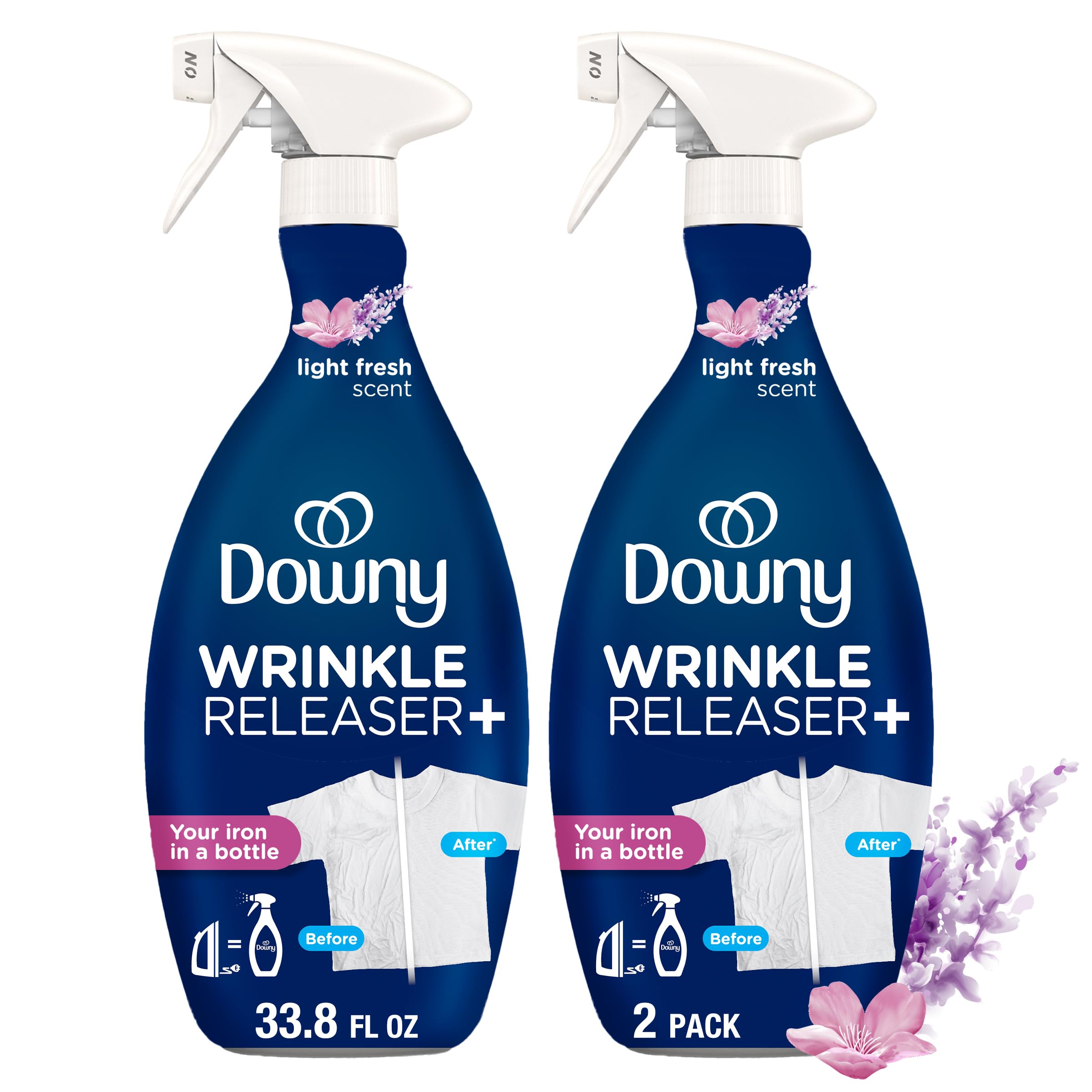 DownyWrinkle Releaser Spray, All In One Wrinkle Release Spray, Odor Eliminator, Static Remover, Fabric Refresher & Ironing Aid for Clothes, 33.8 Fl Oz (Pack of 2), Light Fresh Scent