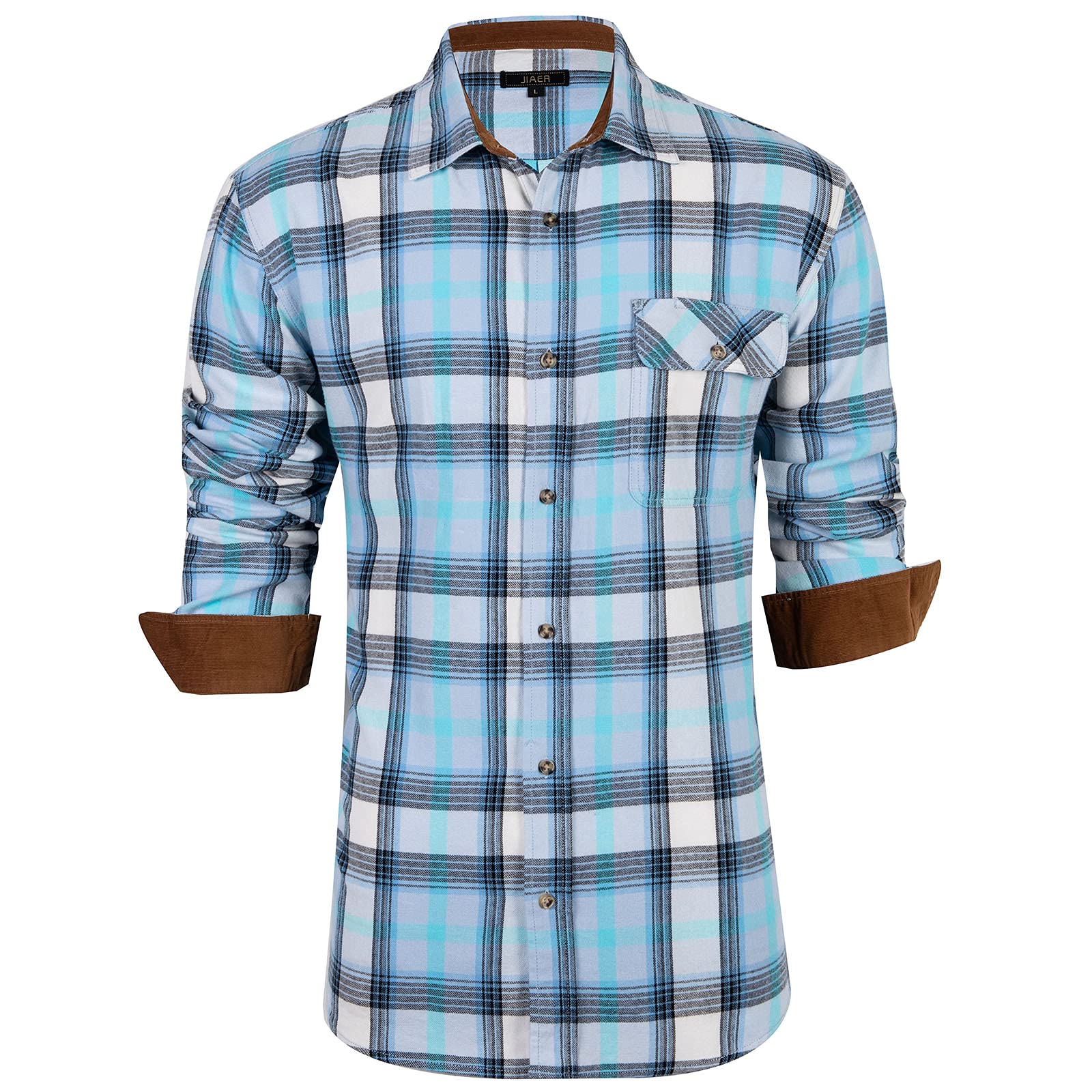 JIAER Men's Button Down Long Sleeve Flannel Plaid Casual Shirt, Acid Blue Plaid, Medium