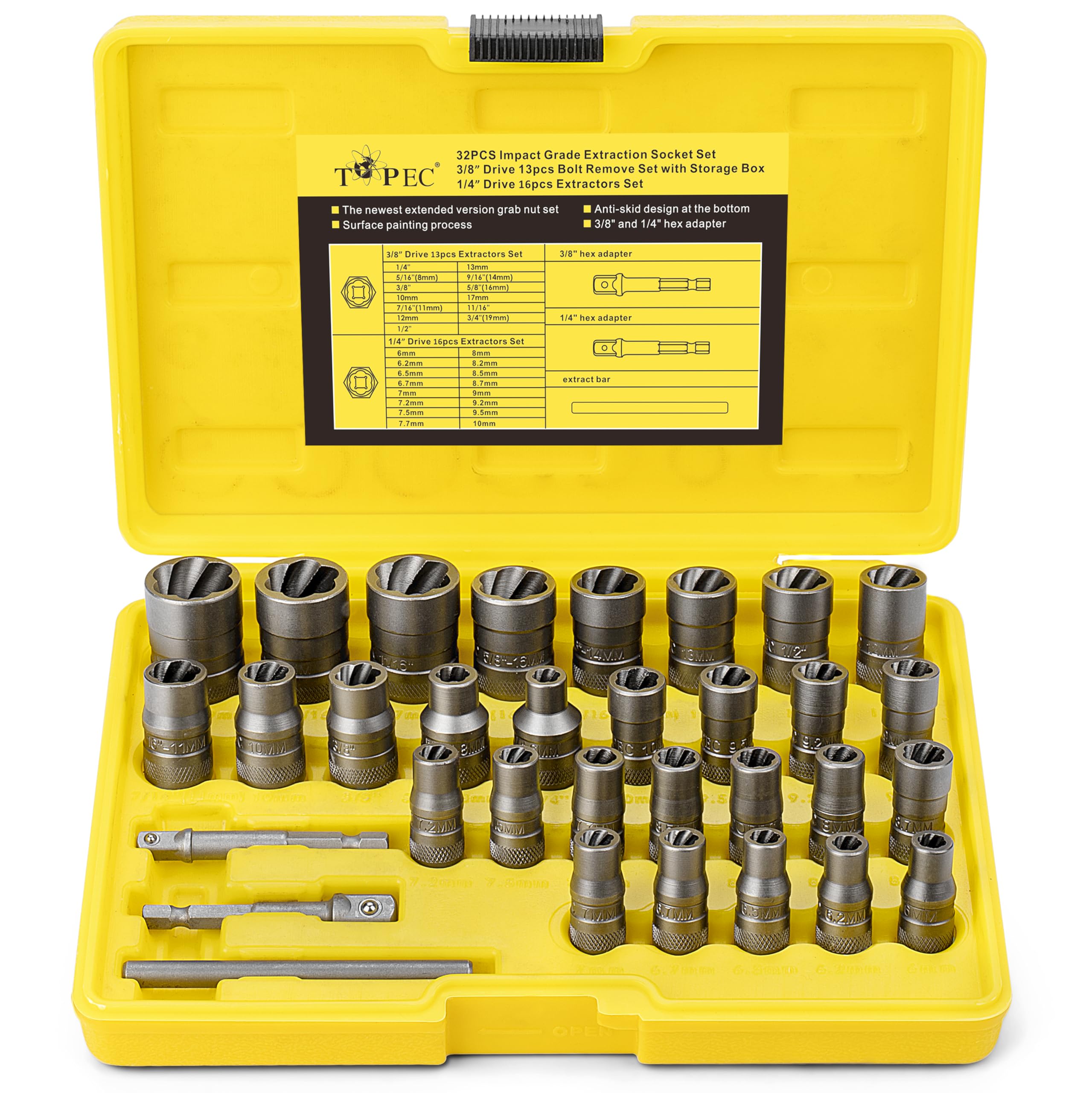 Topec 32PCS Bolt Extractor Kit, Stripped Bolt Extractor Socket Set, 6mm-19mm (1/4" to 3/4") Rounded Bolt Remover, Easy Out Bolt Extractor Set for Broken Bolt Nuts