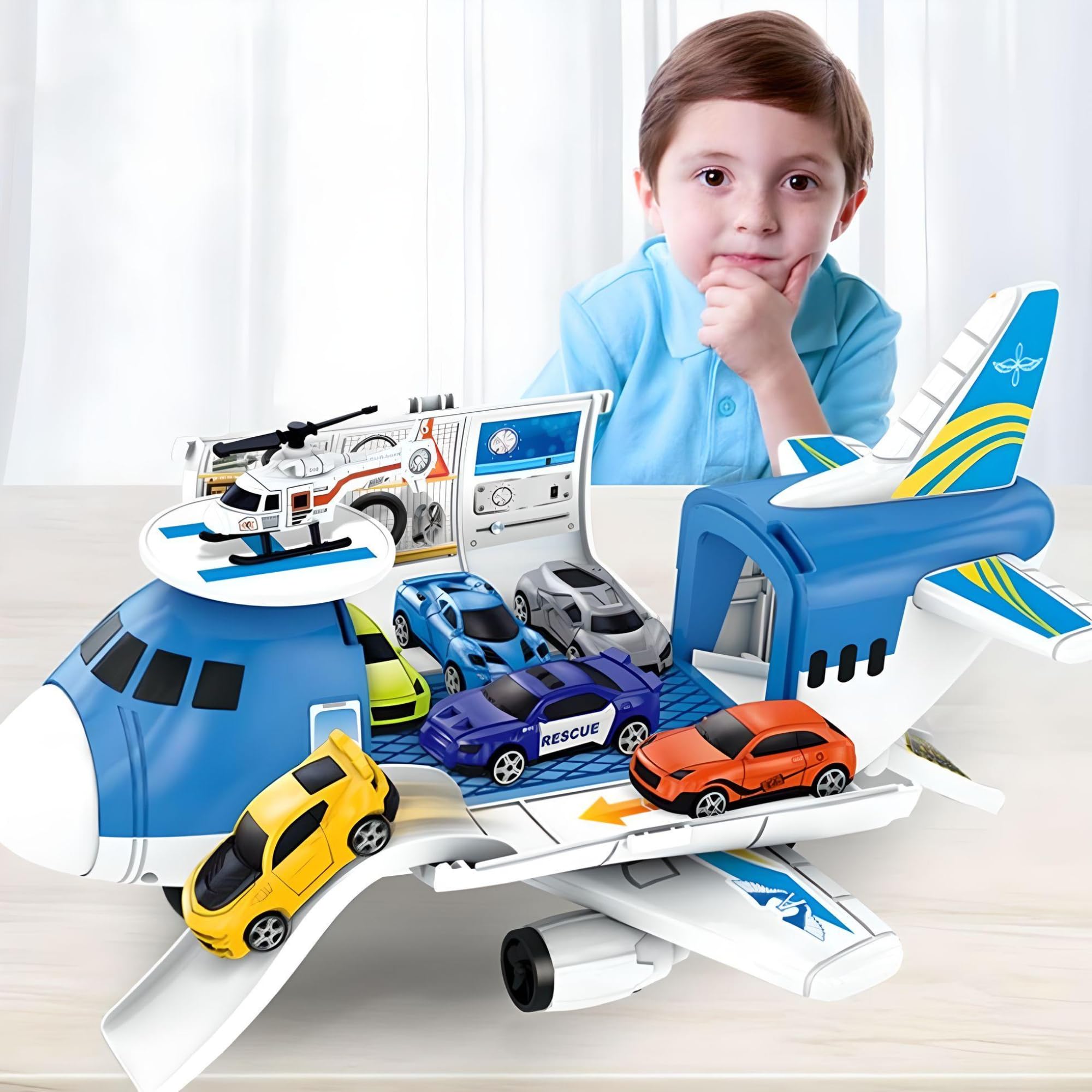 SARAOONT Cargo Aircraft Aeroplane Car Toy with 4 cars Play Set Kids- Cargo plane toy Transport plane toy - Airplane toy with Cargo carrier airplane toy Diecast cargo plane toy airplane toy (Blue)