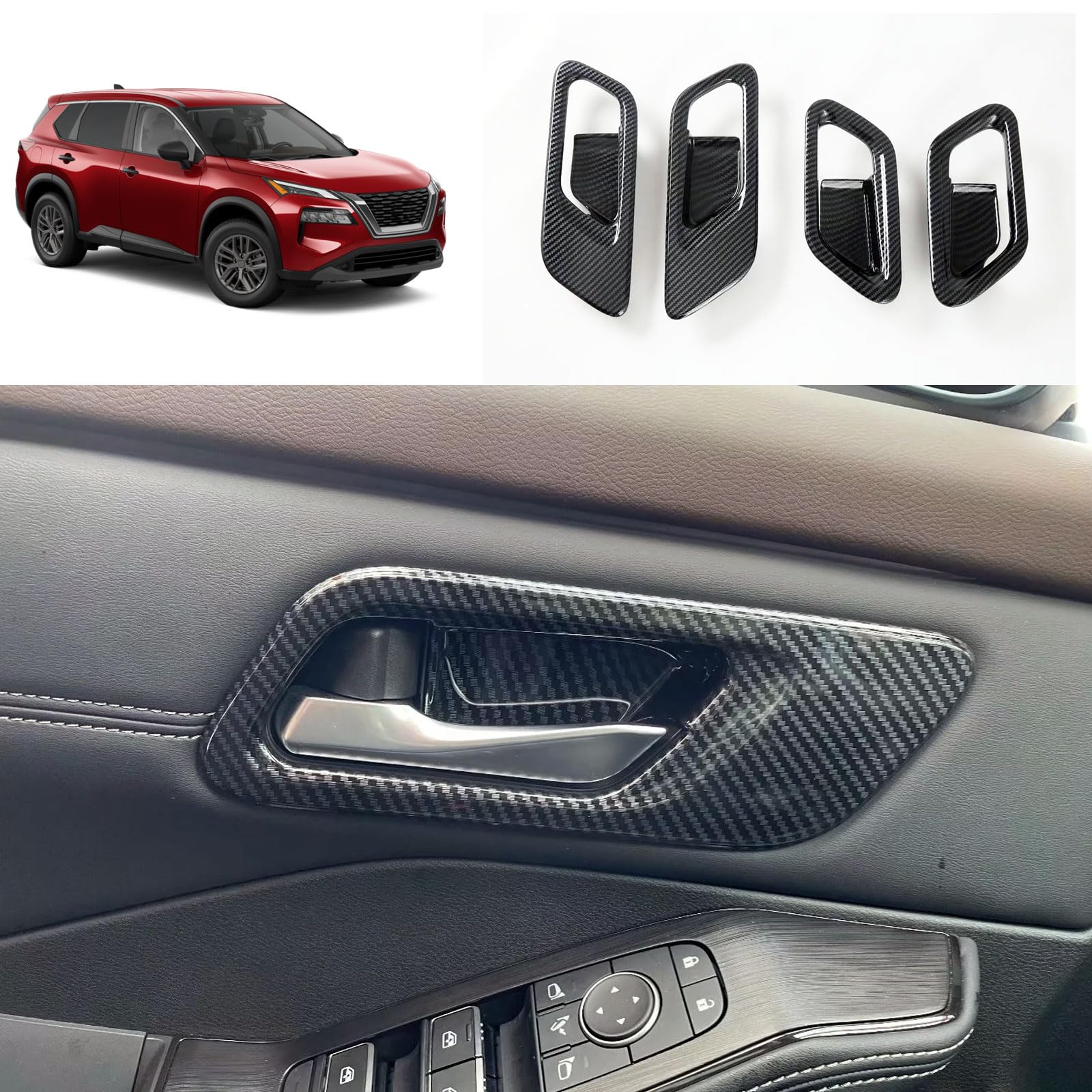 Interior Door Handle Bowl Cover Compatible with Nissan Rogue 2021 2022 2023 Inner Door Decoration Trim Car Accessories ABS 4PC (Carbon Fiber Style)