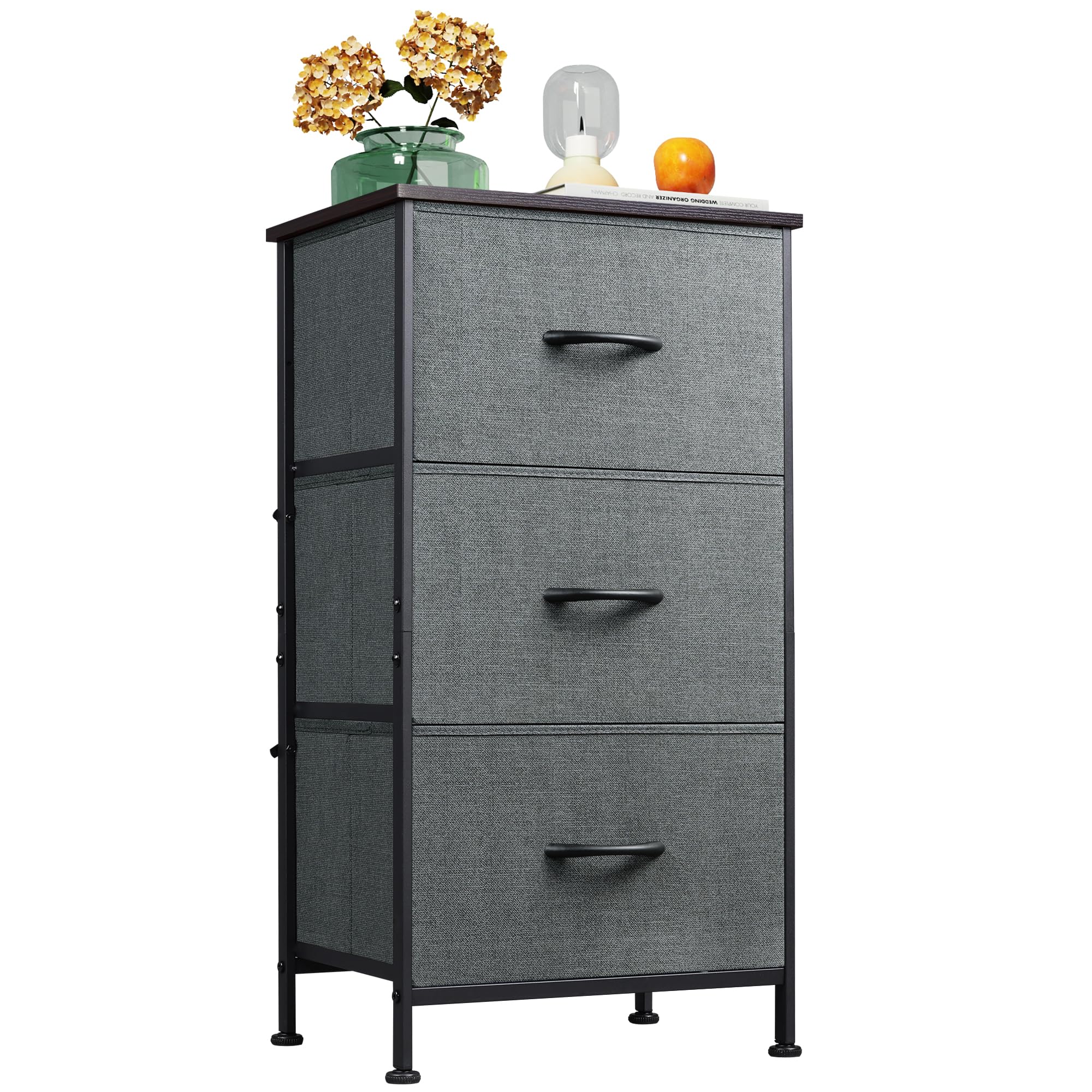 WLIVE Dresser with 3 Drawers, Fabric Nightstand, Organizer Unit, Storage Dresser for Bedroom, Hallway, Entryway, Closets, Sturdy Steel Frame, Wood Top, Easy Pull Handle, Dark Grey