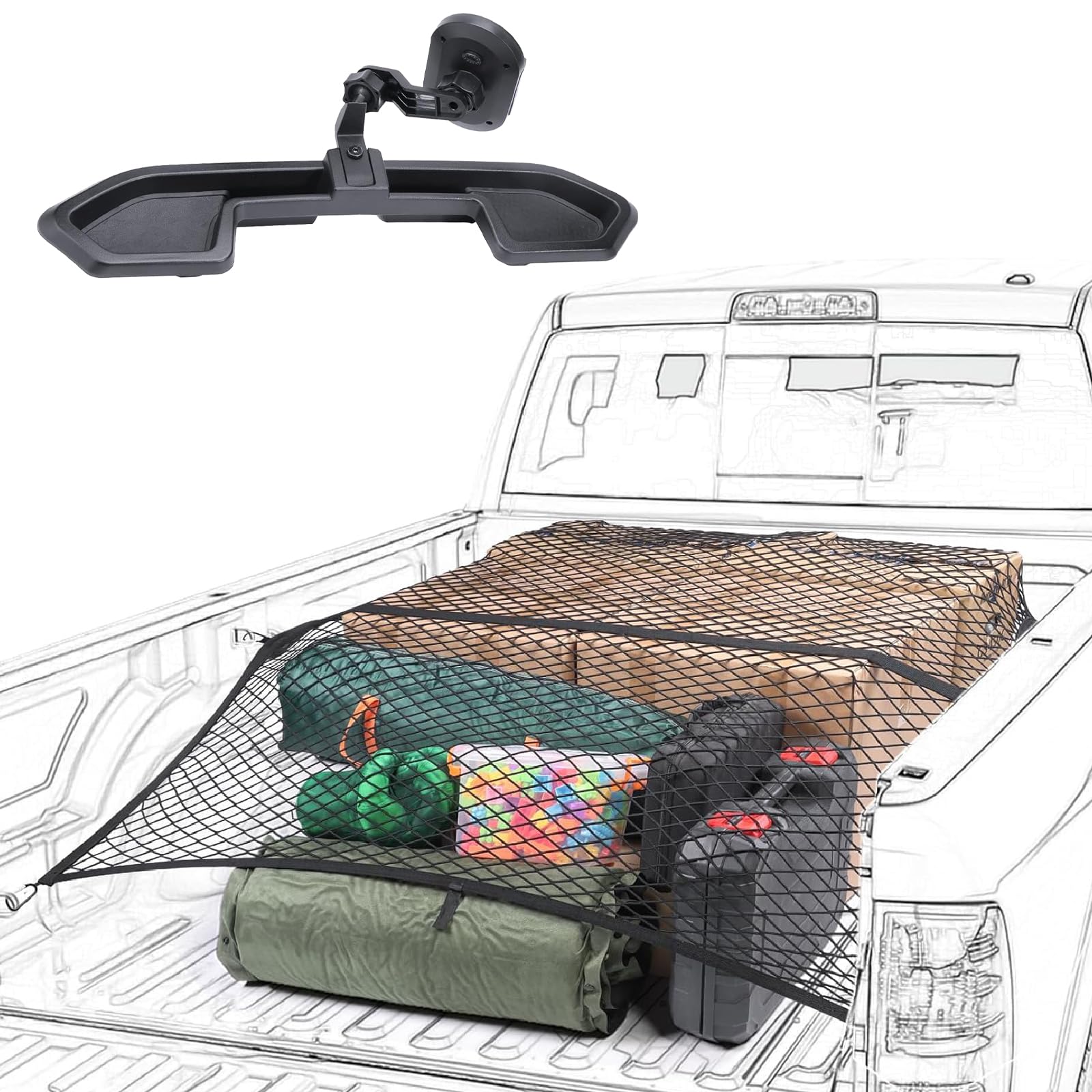 Phone Mount for 2020-2023 Jeep Wrangler JL JLU & Gladiator JT 4XE & Truck Bed Net Elastic Cargo Net Stretchable Mesh Organizer for Pickup