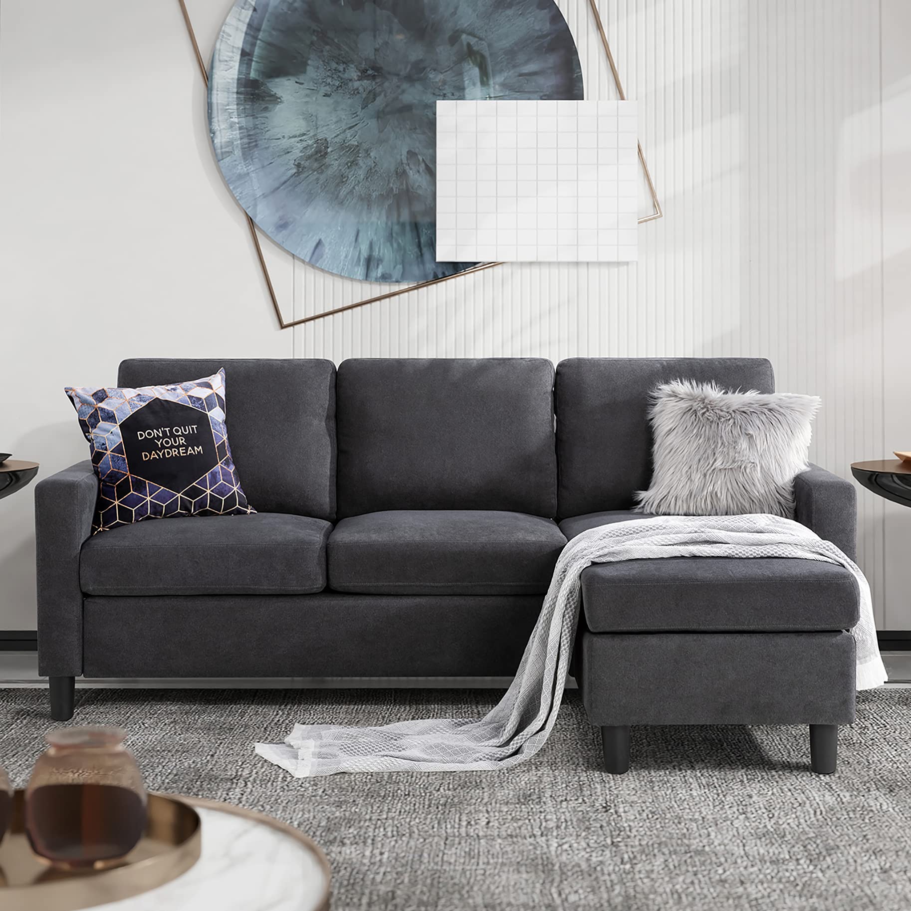 Walsunny Convertible Sectional Sofa for Small Space L-Shaped Couch with Modern Linen Fabric (Grey)