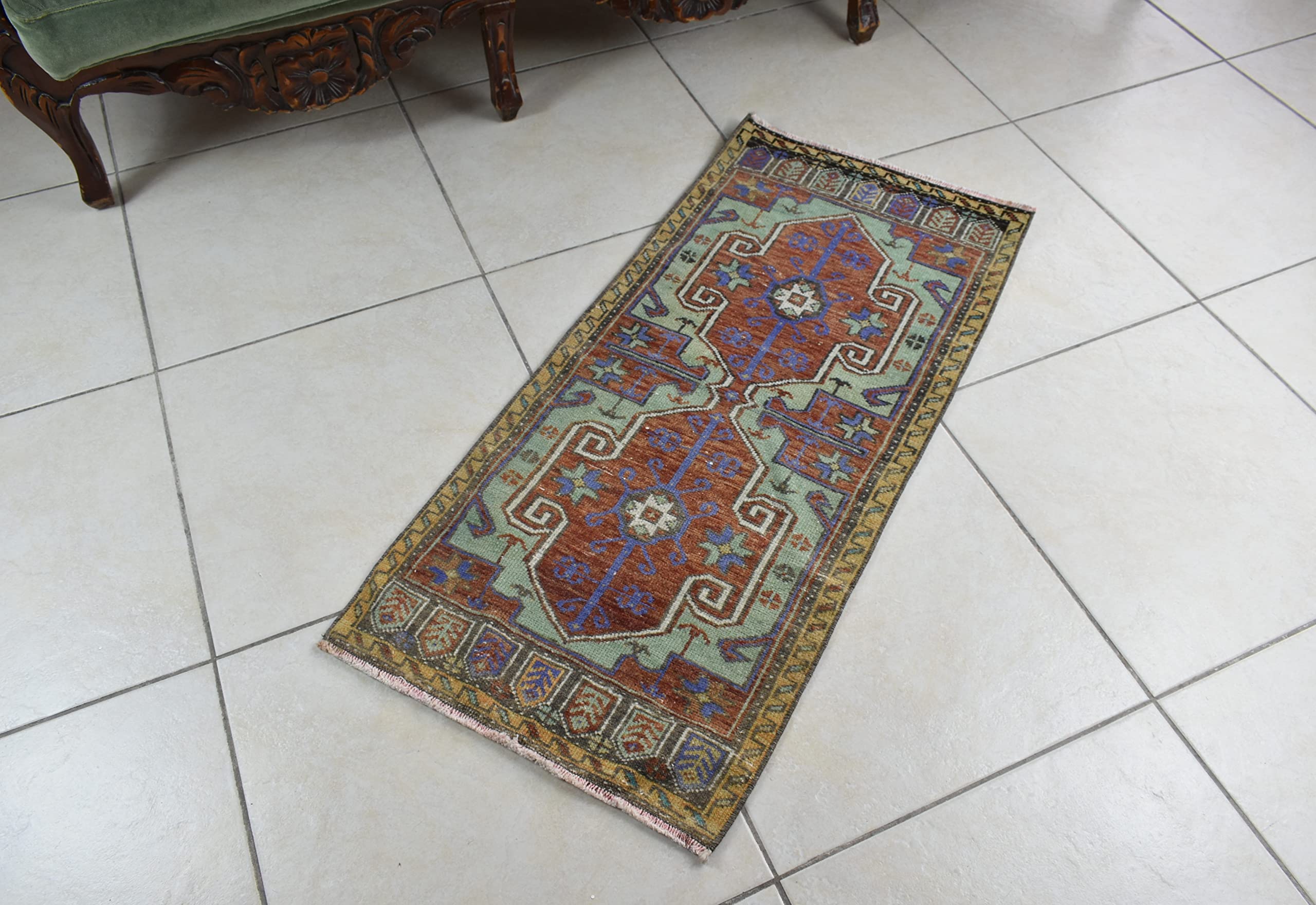 Handmade Turkish Rug, 99x45 cm Vintage Anatolian Runner, Small Doormat, Oushak Traditional Handknotted Kilim, Faded Ethnic Runner, Y87