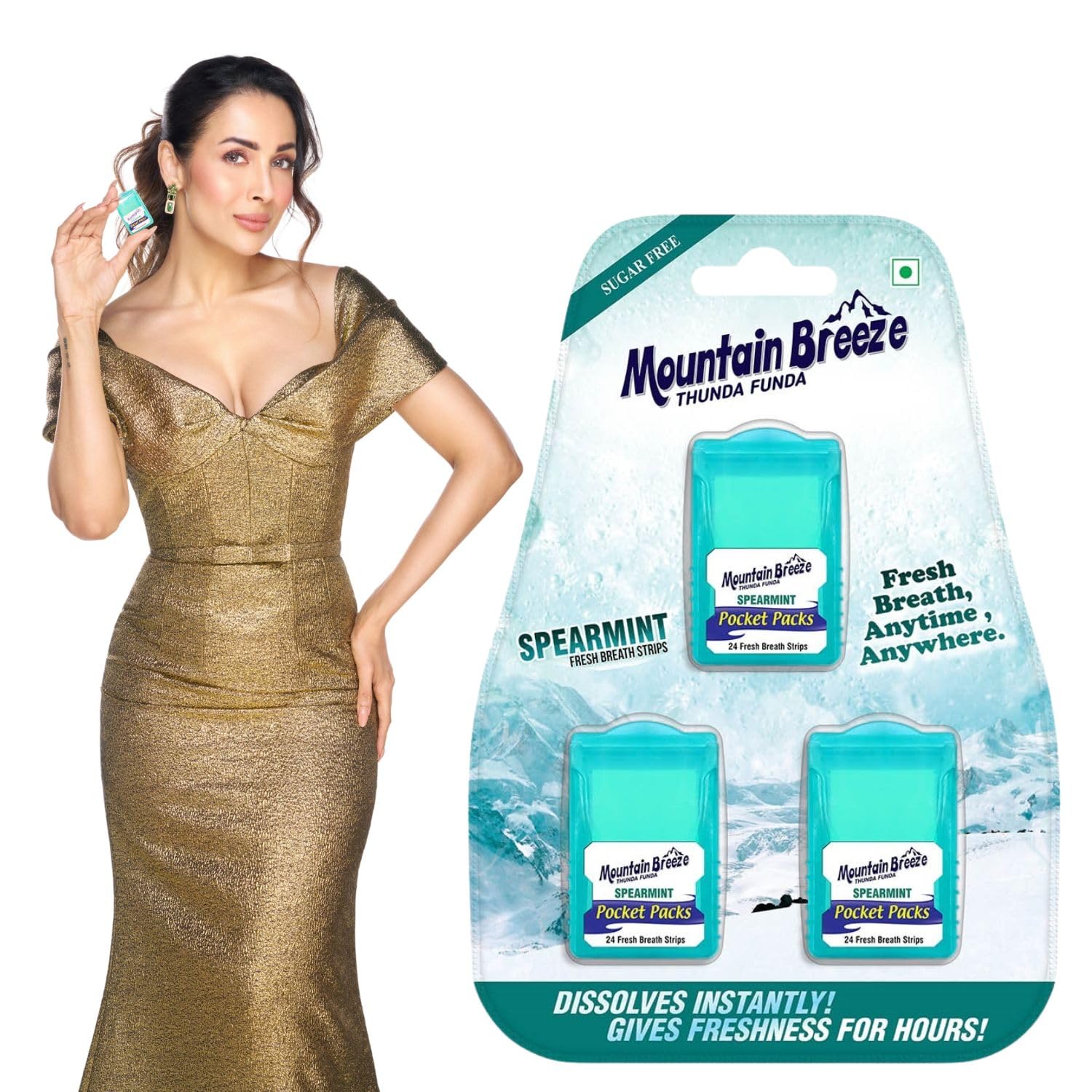 Mountain Breeze Oral Hygiene Mouth Freshener Sugar Free Spearmint Flavoured Breath Strips(24 Strips Each Cassatte)-Pack Of 1(3 Cassette), 50 Grams