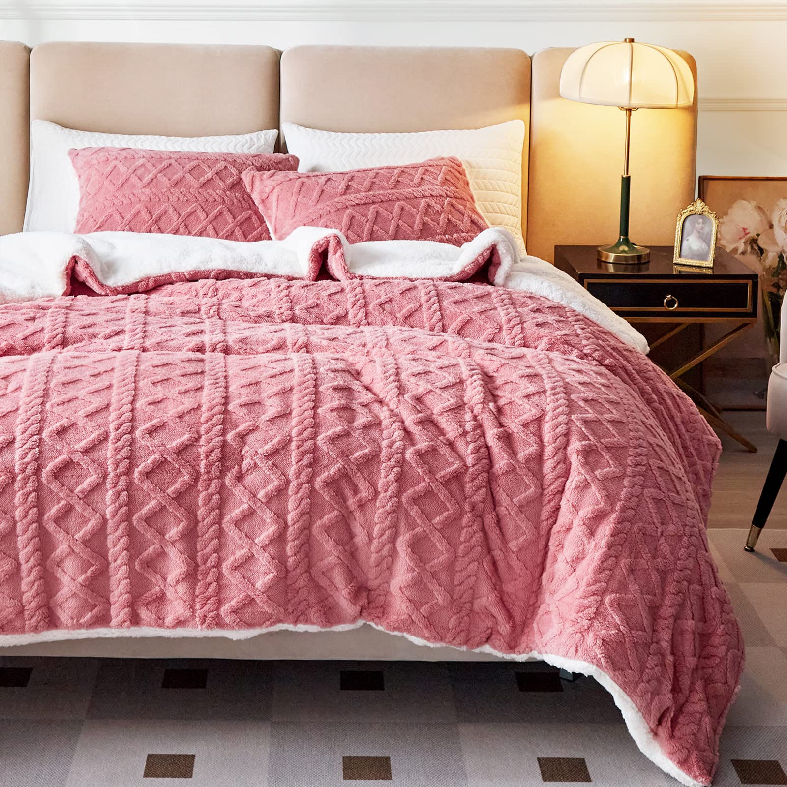 Joyreap 3-Piece Fluffy Faux Fur Sherpa Comforter Set Pink, Queen Size Luxury Tufted Bedding Comforter Set, All Season Soft n Cozy Plush Comforter Bed Set- 88x88 inches